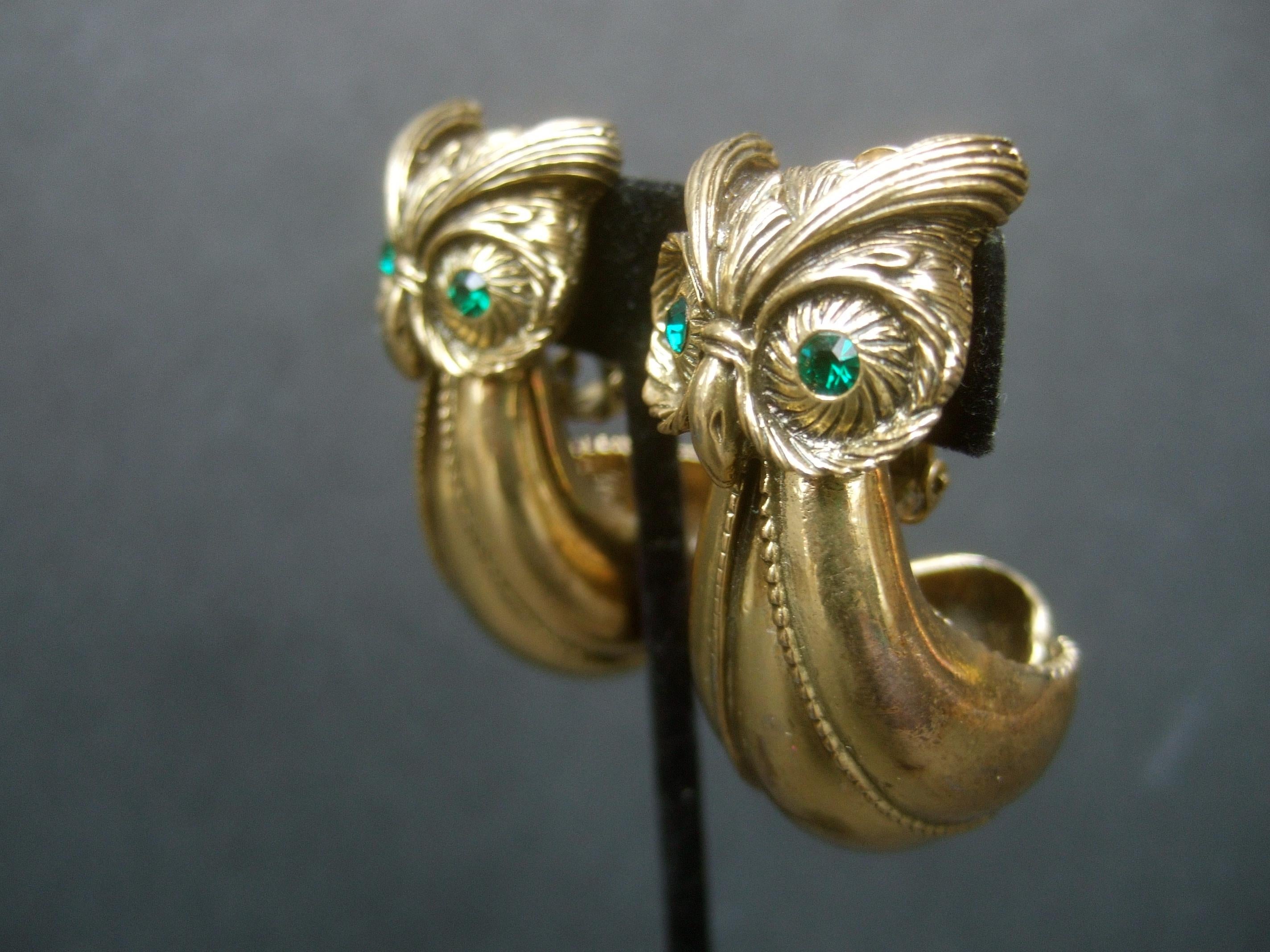 Stylized Large Gilt Metal Clip On Owl Earrings c 1970s 4