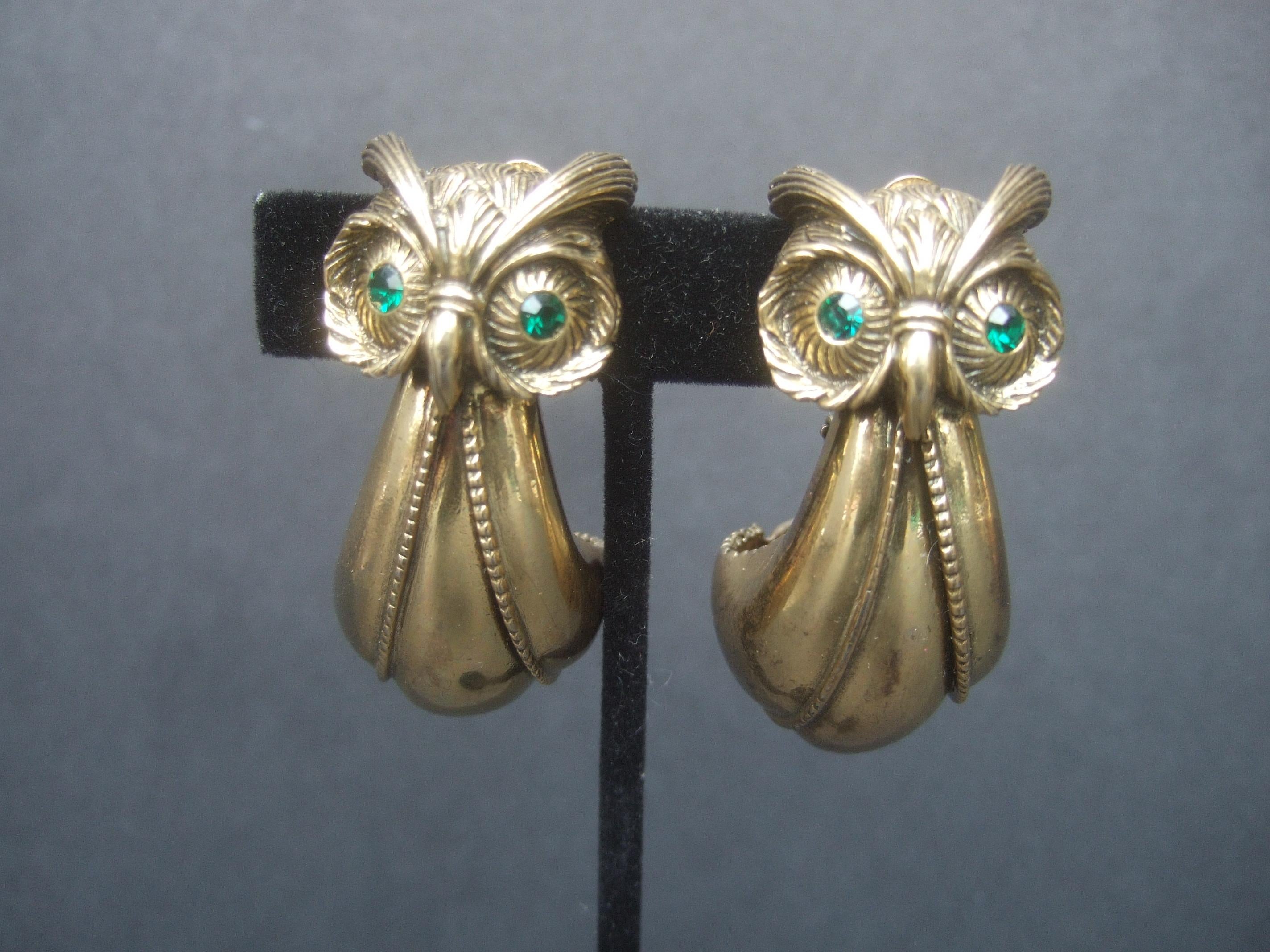 Stylized Large Gilt Metal Clip On Owl Earrings c 1970s 2