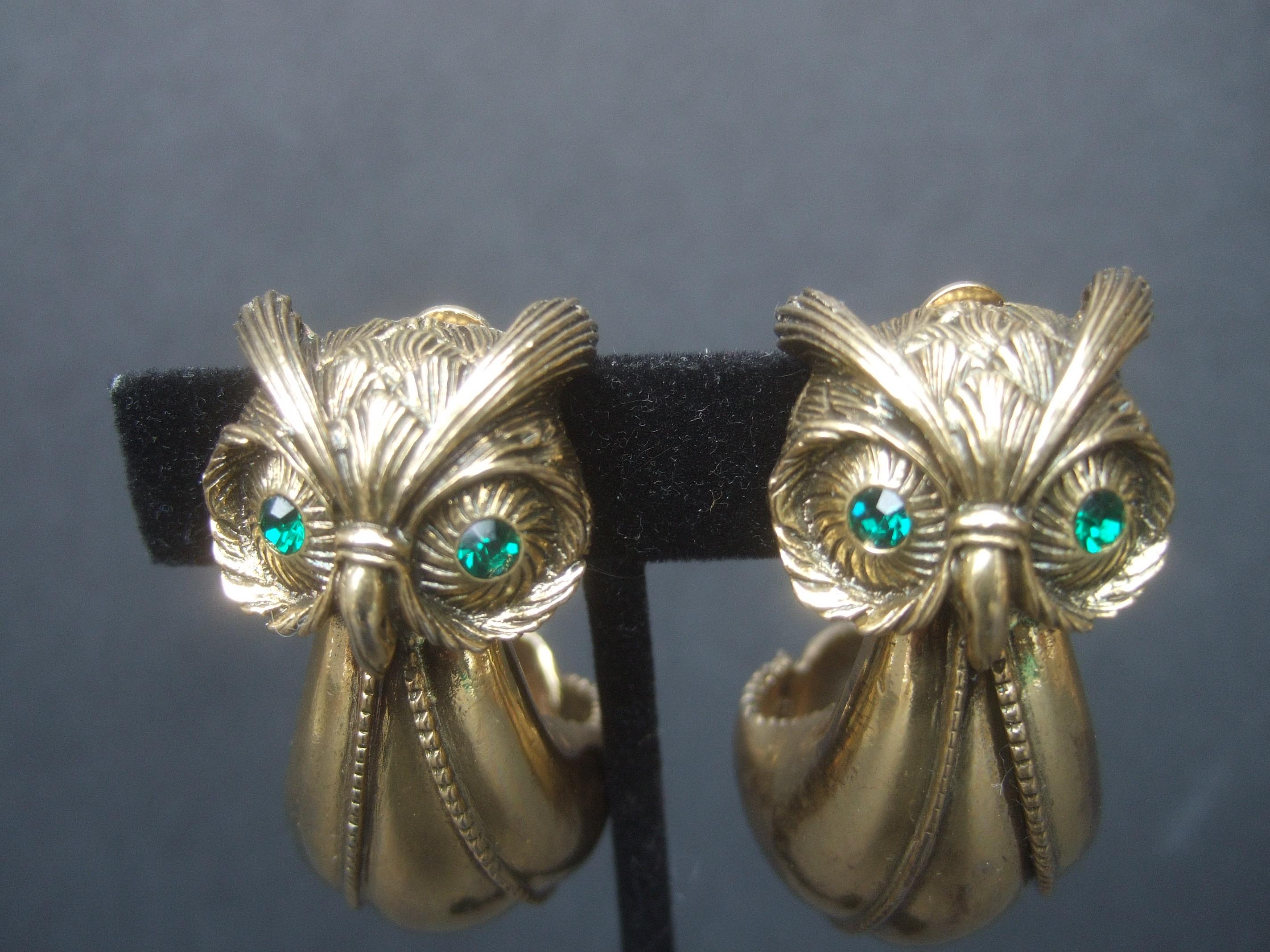 Stylized Large Gilt Metal Clip On Owl Earrings c 1970s 3