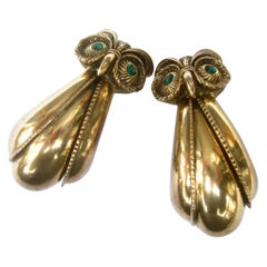 Stylized Large Gilt Metal Clip On Owl Earrings c 1970s