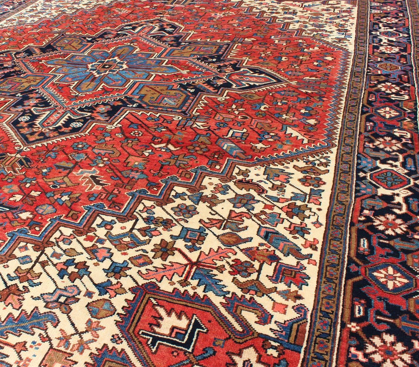 Semi Antique Persian Heriz Rug with Center Medallion Design in Rust Red and Blue 3