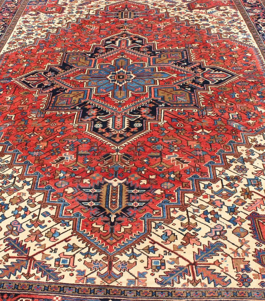 Semi Antique Persian Heriz Rug with Center Medallion Design in Rust Red and Blue 4