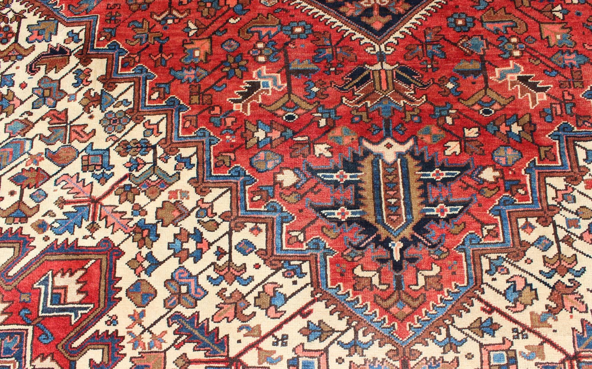 Semi Antique Persian Heriz Rug with Center Medallion Design in Rust Red and Blue 5