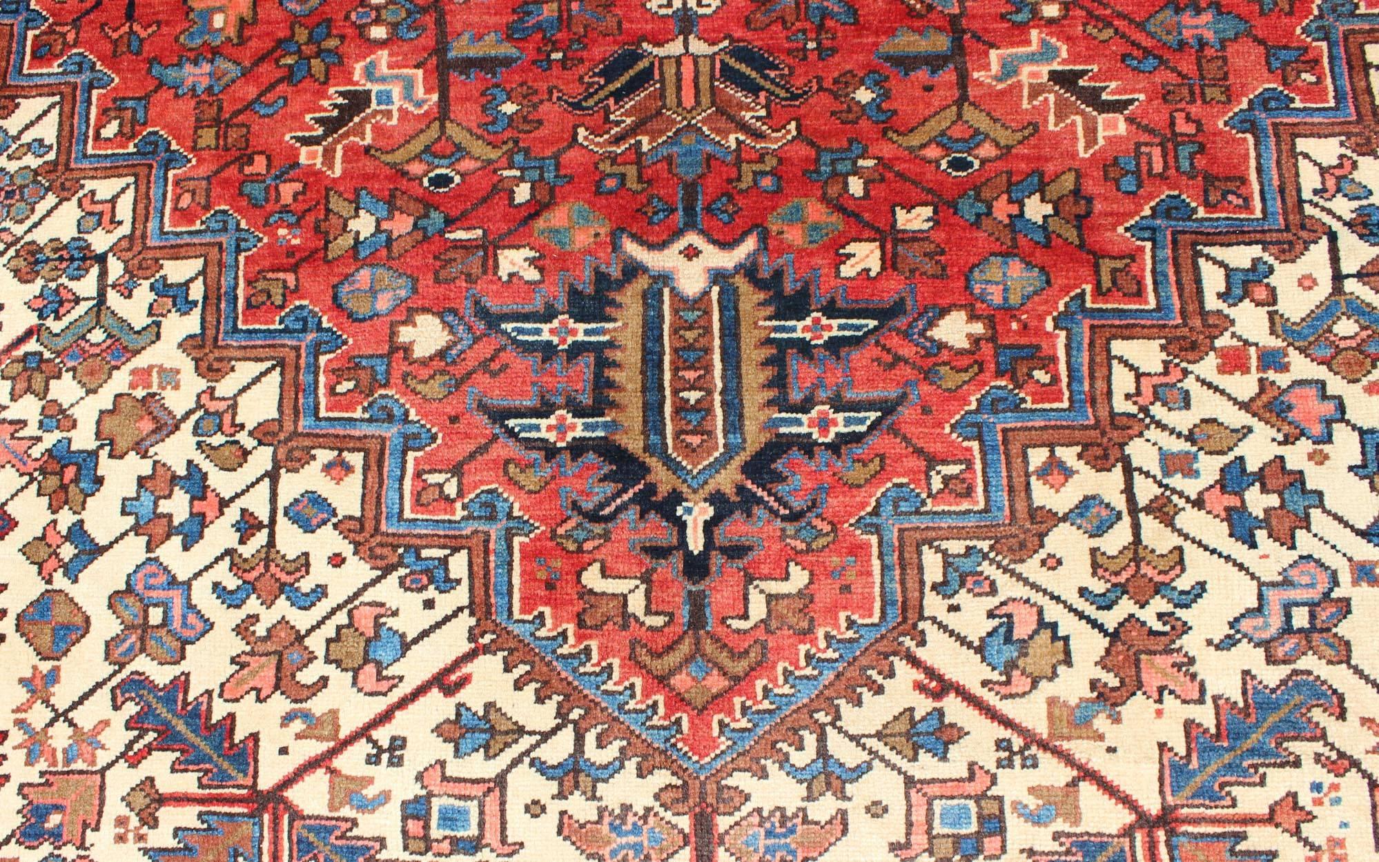 Semi Antique Persian Heriz Rug with Center Medallion Design in Rust Red and Blue 6