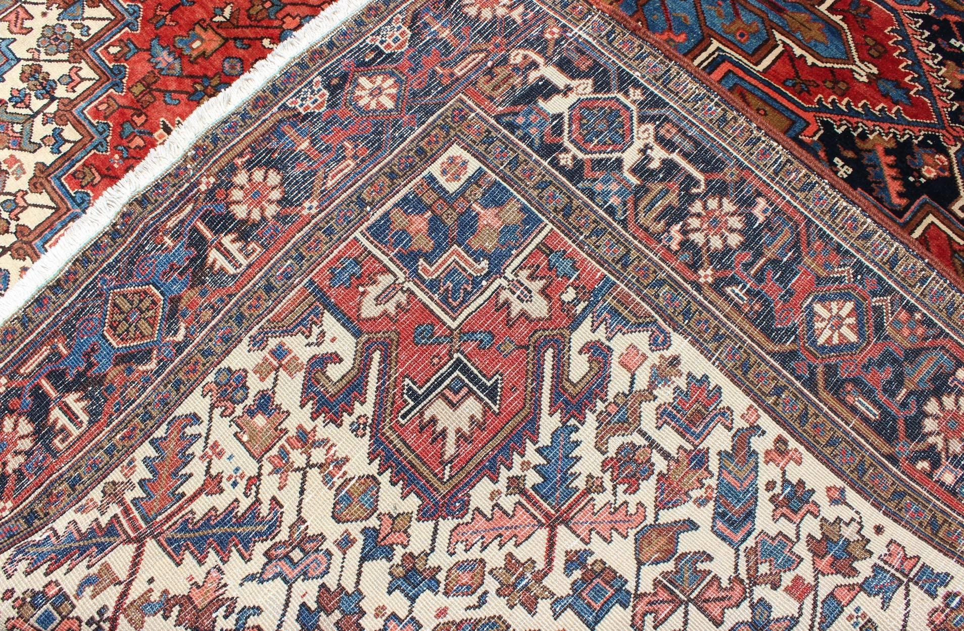 Semi Antique Persian Heriz Rug with Center Medallion Design in Rust Red and Blue 7
