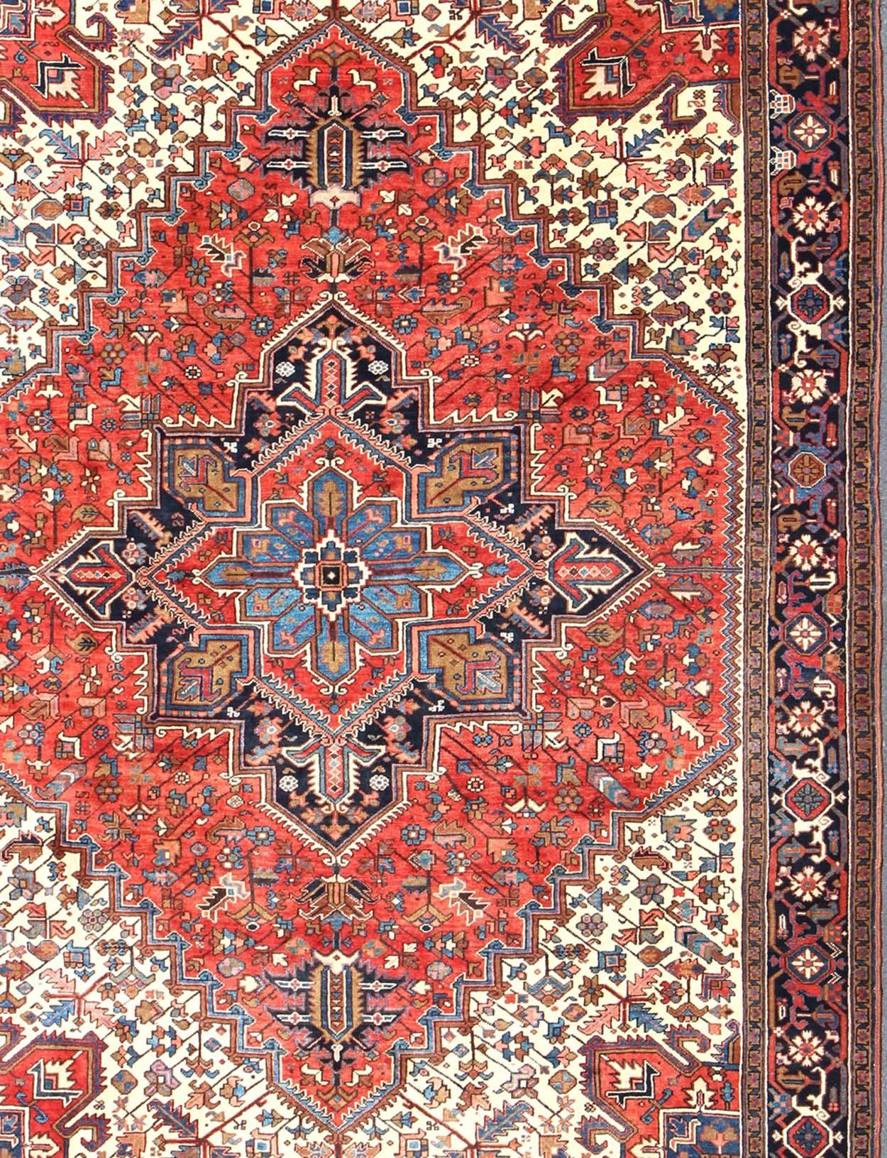 Hand-Knotted Semi Antique Persian Heriz Rug with Center Medallion Design in Rust Red and Blue