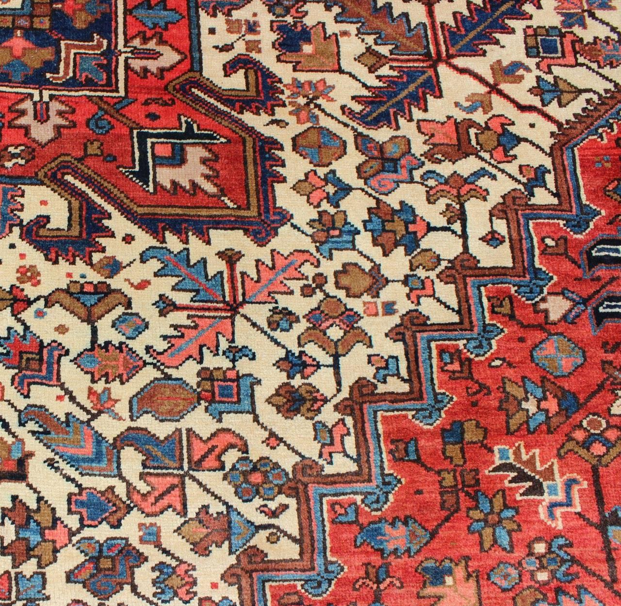Semi Antique Persian Heriz Rug with Center Medallion Design in Rust Red and Blue 1