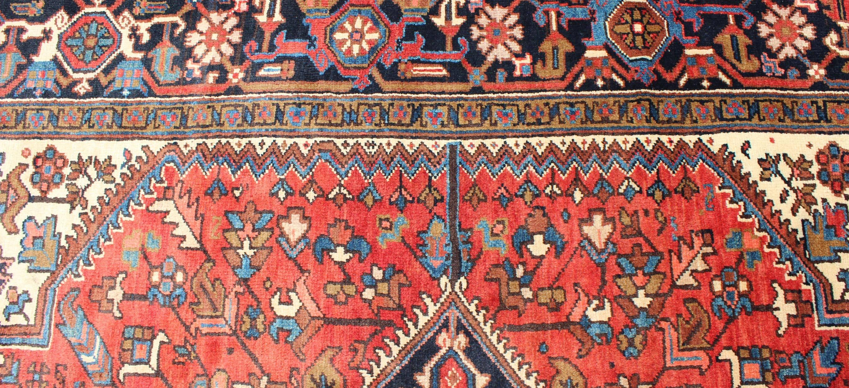 Semi Antique Persian Heriz Rug with Center Medallion Design in Rust Red and Blue 2