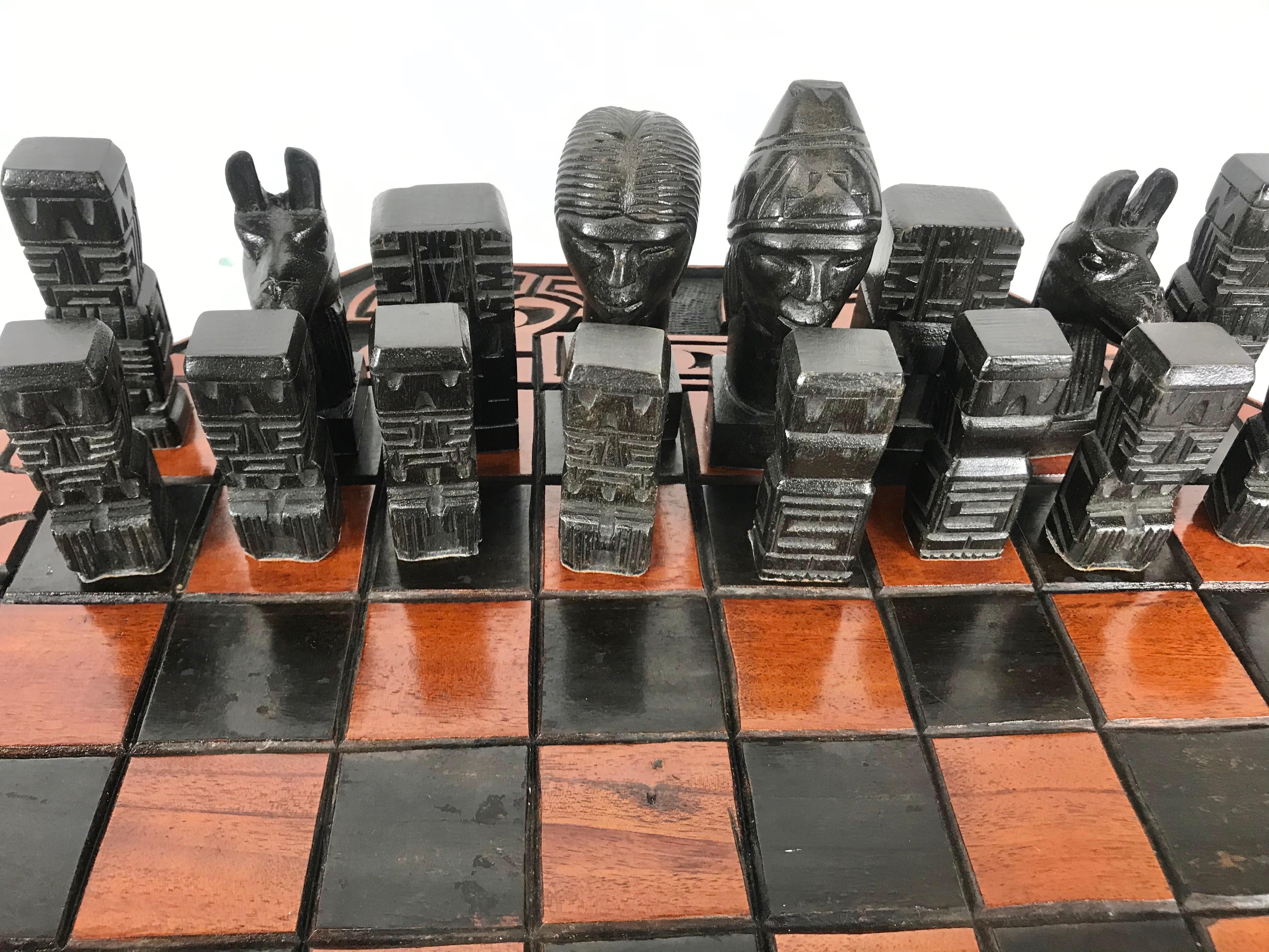 Harewood Stylized Modernist Aztec Hardwood Carved Chess Set, South America, Teki