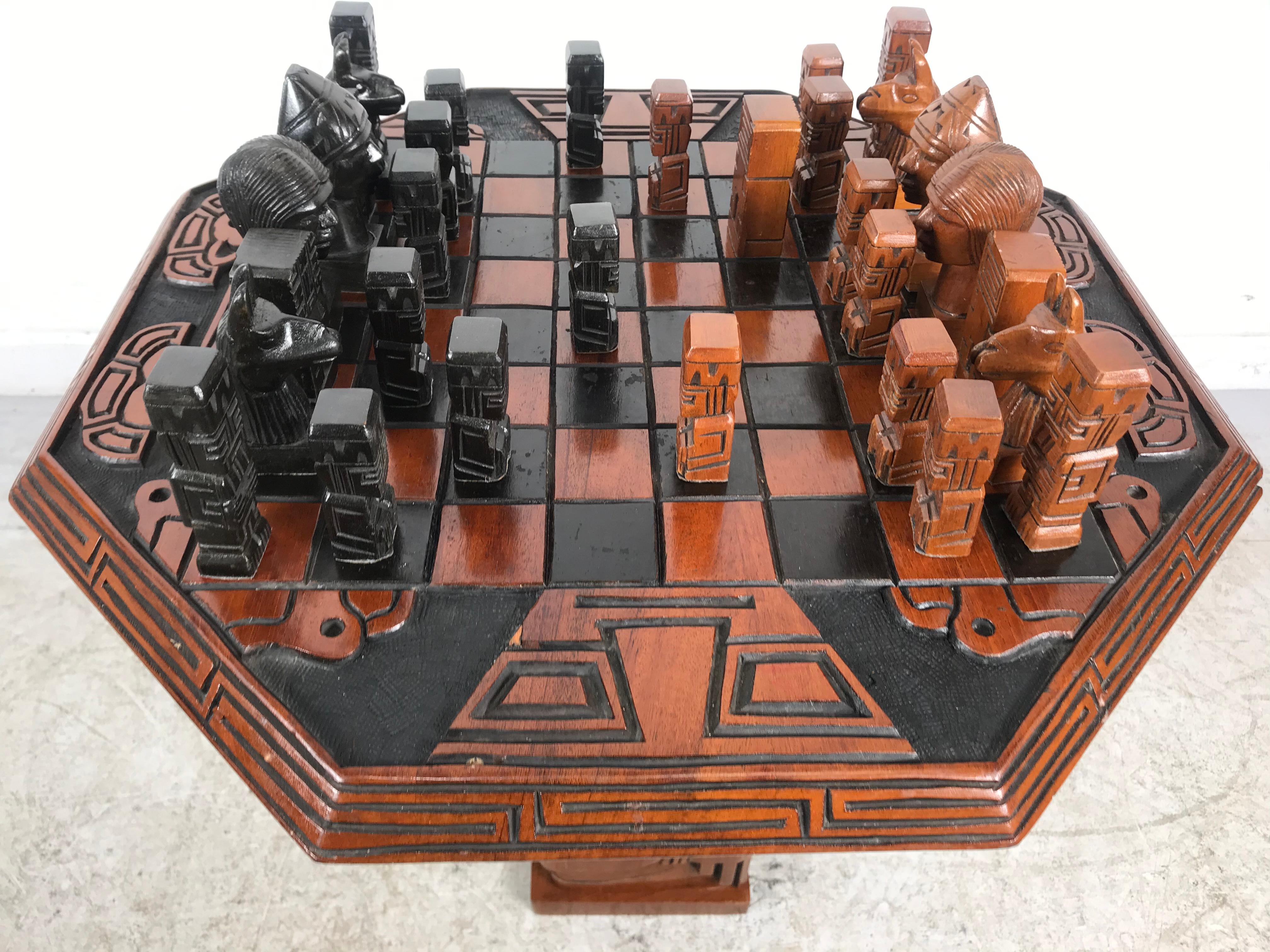 Stylized Modernist Aztec Hardwood Carved Chess Set, South America, Teki 1