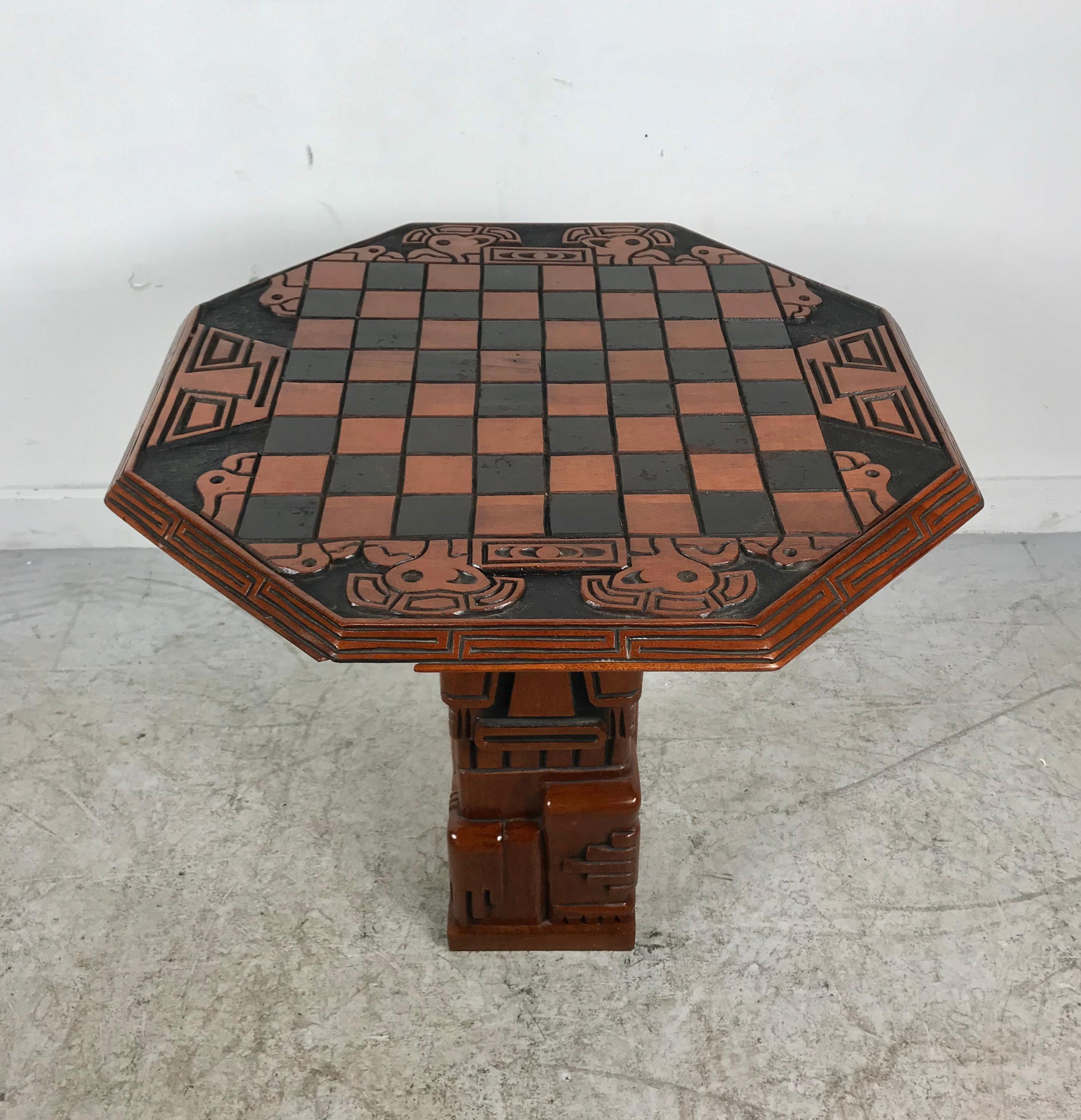 Mid-Century Modern Stylized Modernist Aztec Hardwood Carved Chess Set, South America, Teki