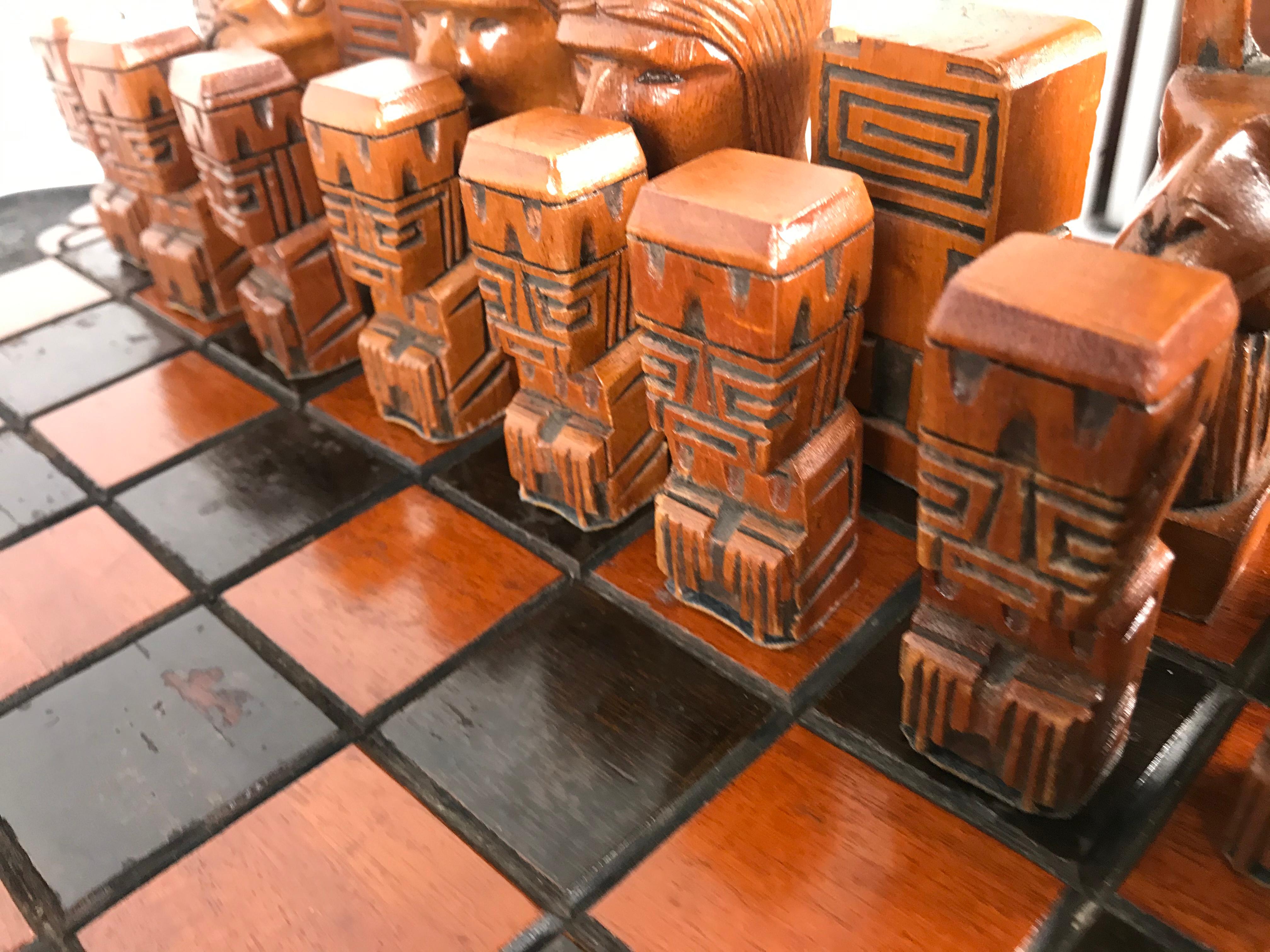 Peruvian Stylized Modernist Aztec Hardwood Carved Chess Set, South America, Teki