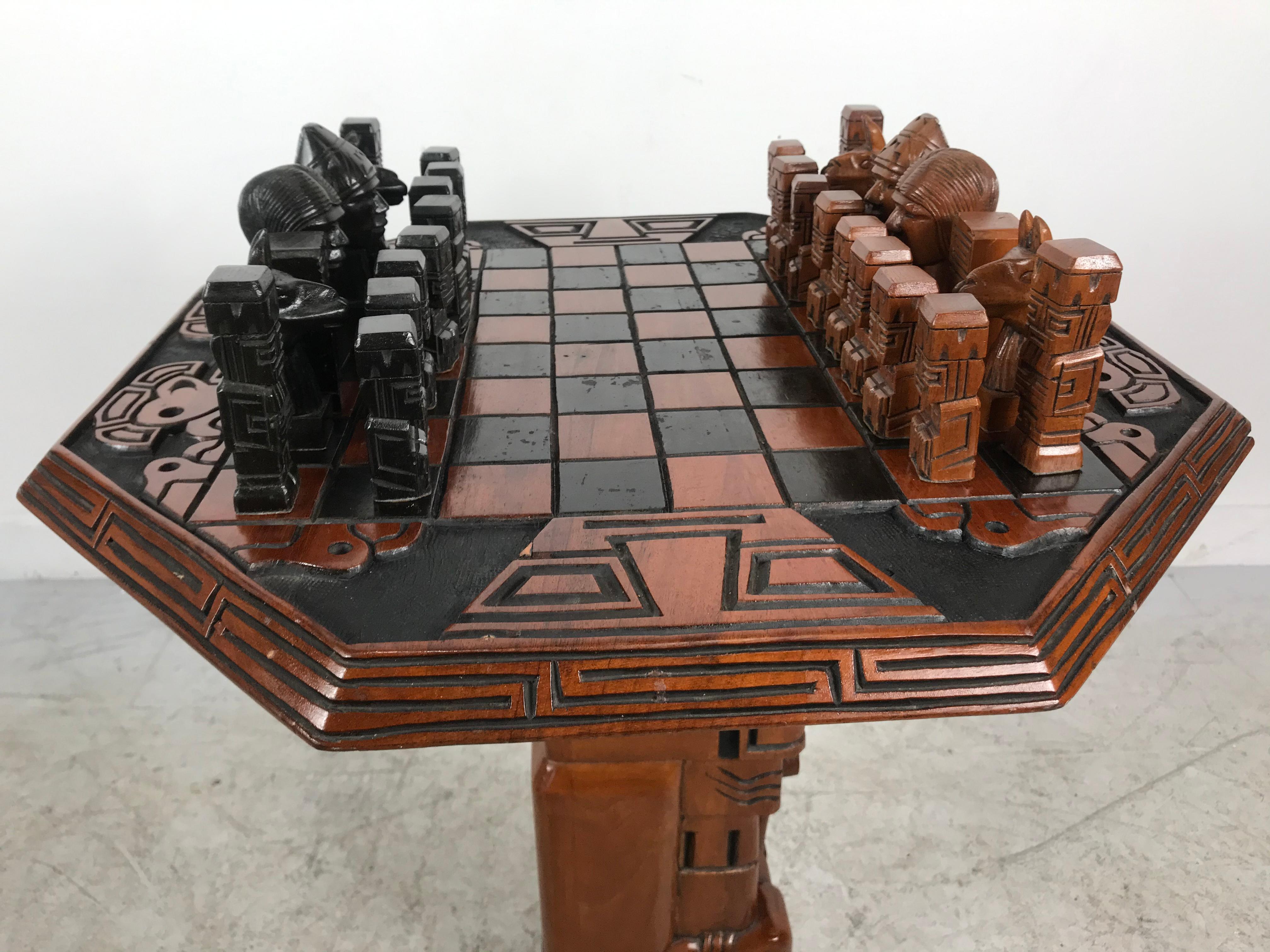 Mid-20th Century Stylized Modernist Aztec Hardwood Carved Chess Set, South America, Teki