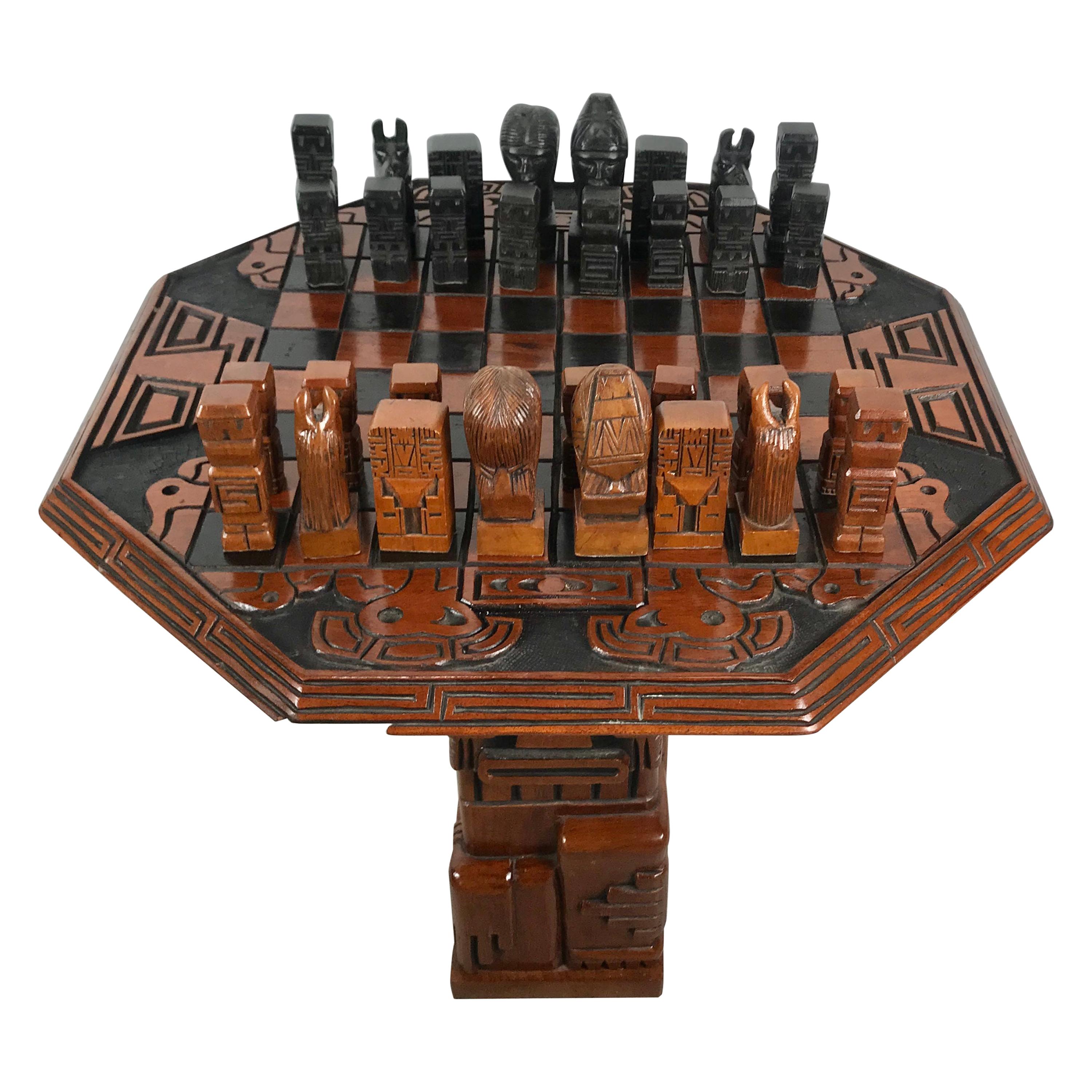 Stylized Modernist Aztec Hardwood Carved Chess Set, South America, Teki