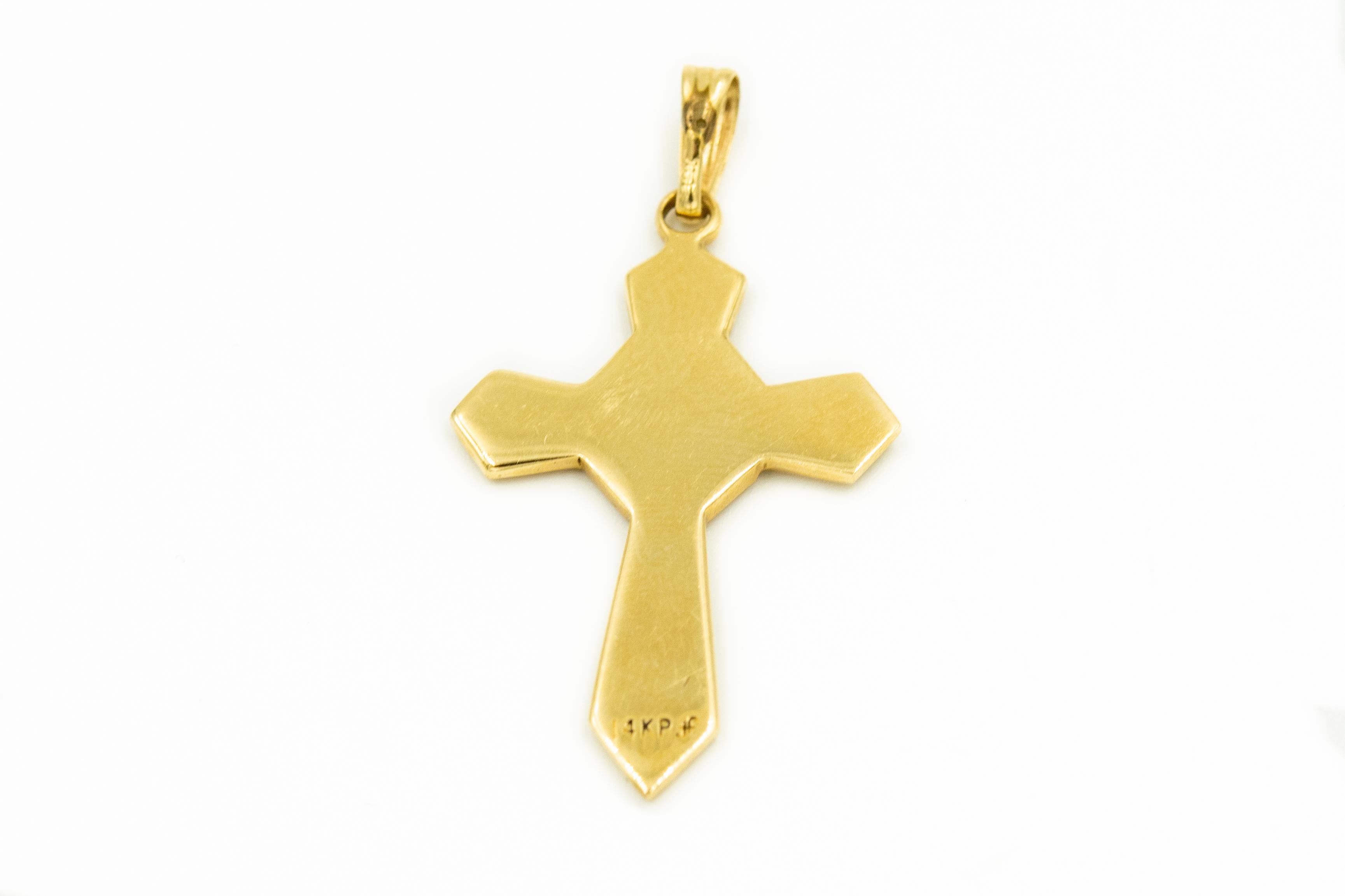 Stylized 14k yellow gold cross featuring an opal mosaic design.  It is hanging from a yellow gold bale.  The bale inside is 2.70mm wide by 3.48mm tall.  The cross without the bale is 1.23