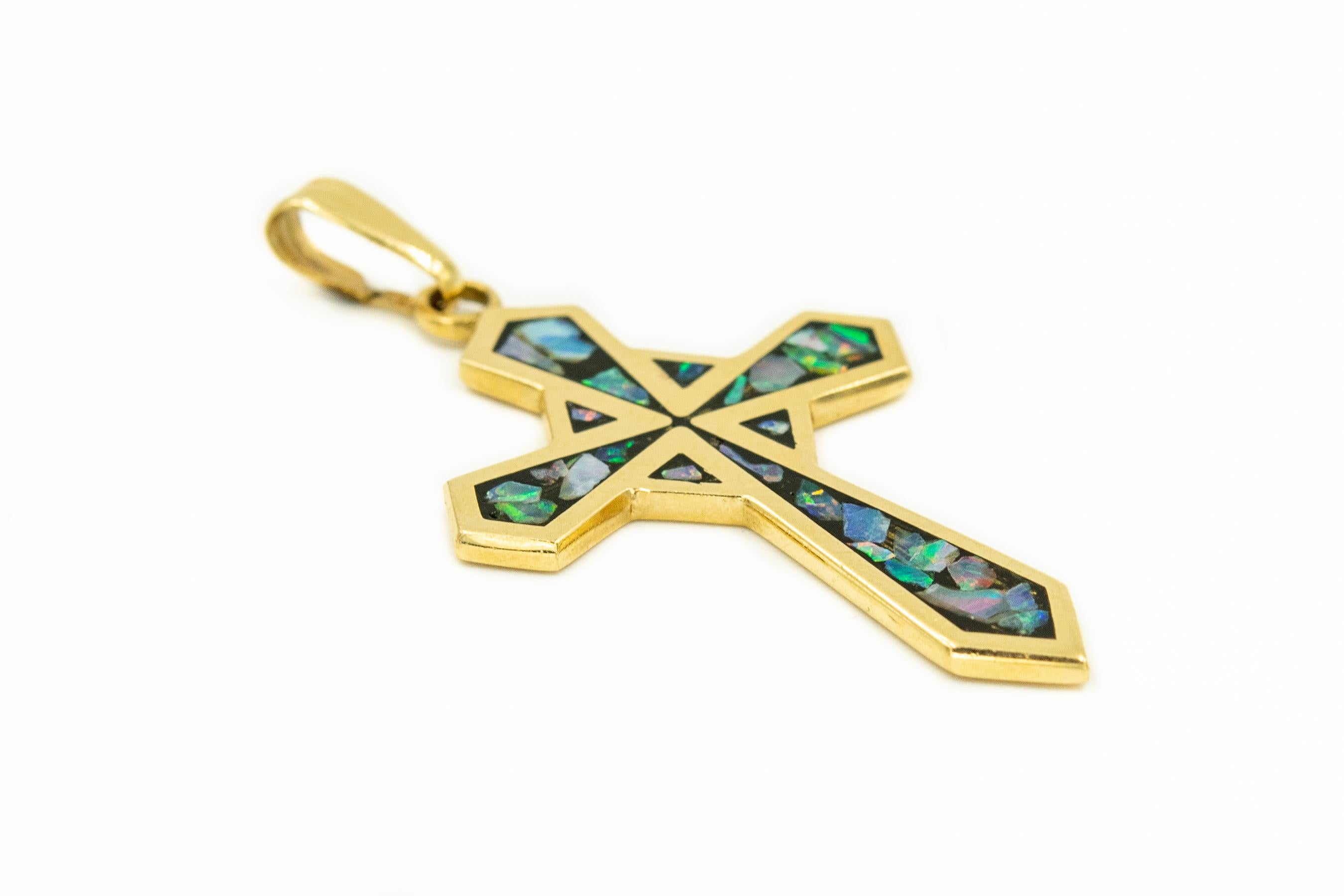 Stylized Mosaic Opal Inlaid Yellow Gold Cross In Excellent Condition In Miami Beach, FL