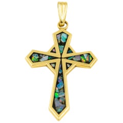 Stylized Mosaic Opal Inlaid Yellow Gold Cross