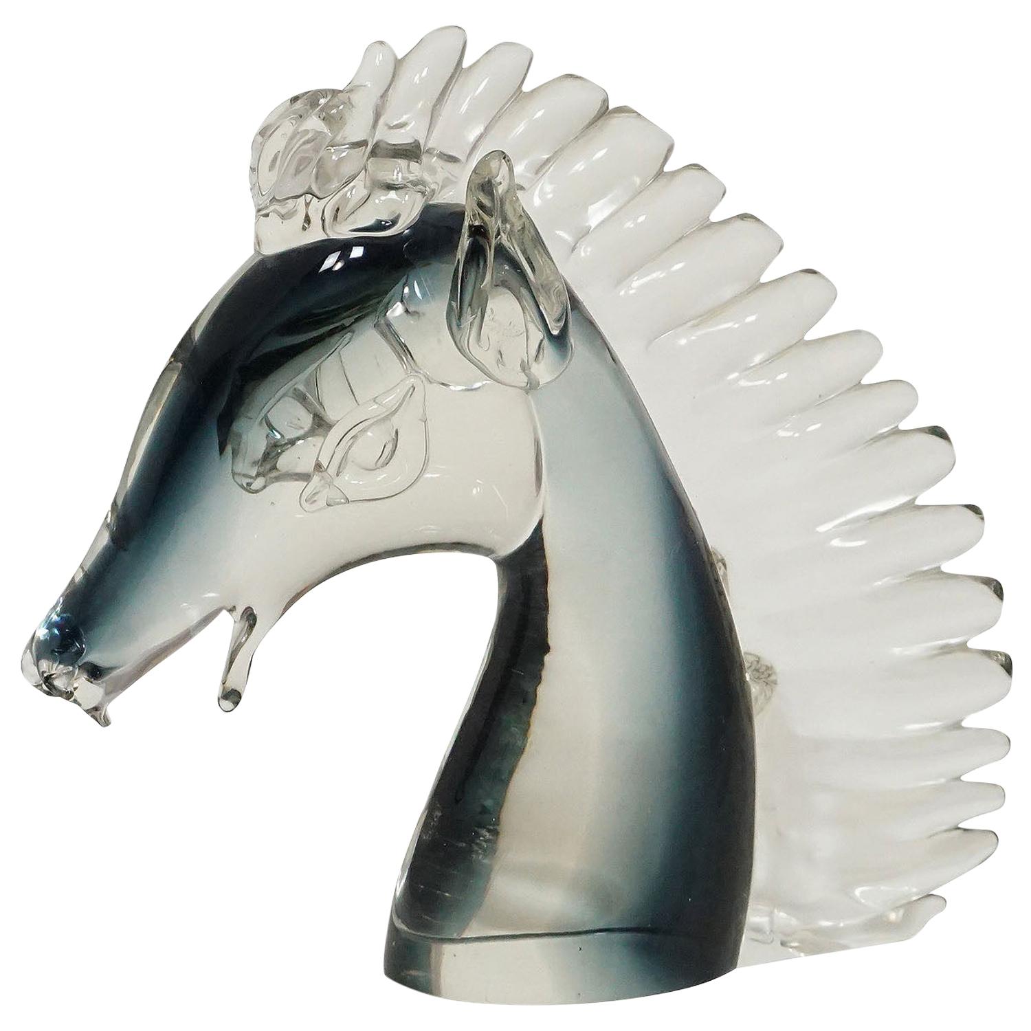 Stylized Murano Horse Head Sculpture in Sommerso Glass