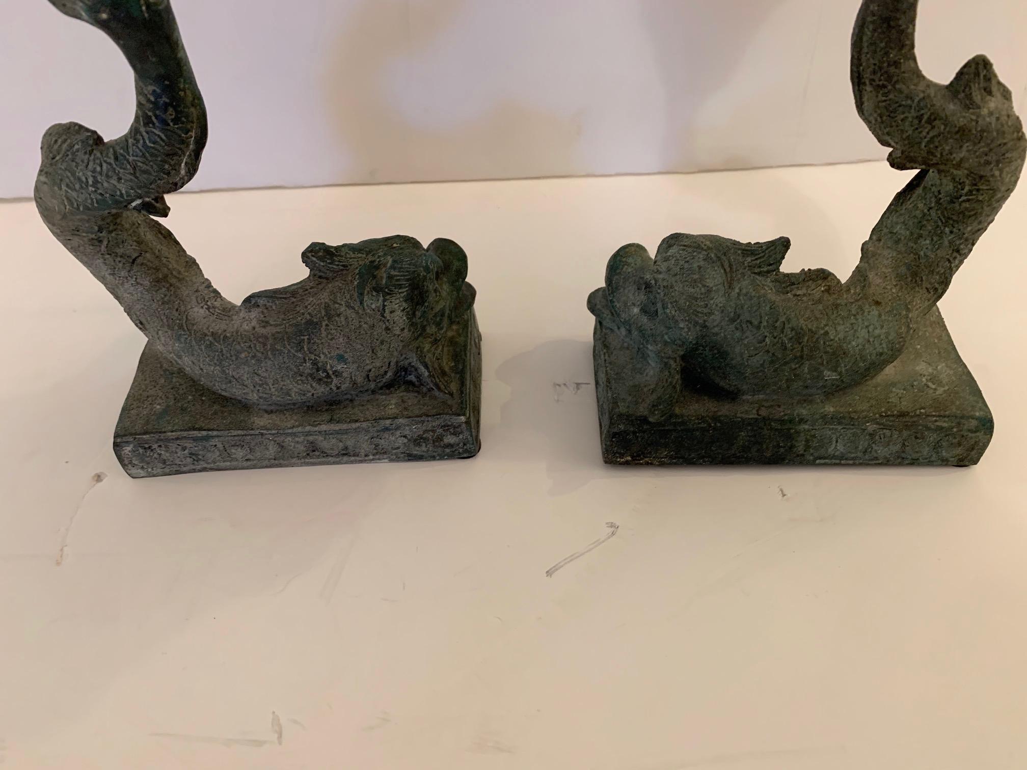 Stylized Pair of Lead Dolphin Motife Compotes For Sale 5