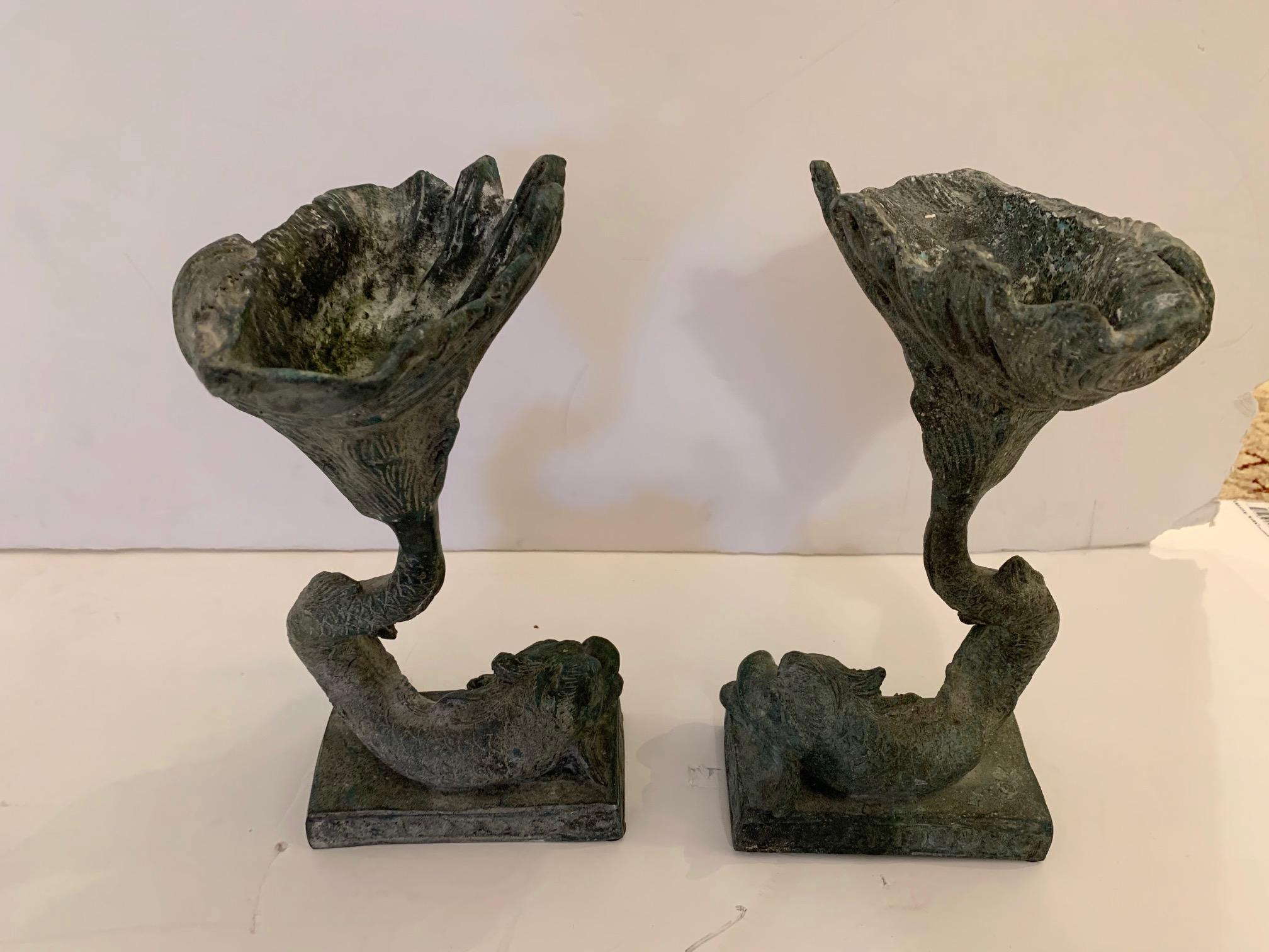 Stylized Pair of Lead Dolphin Motife Compotes For Sale 3