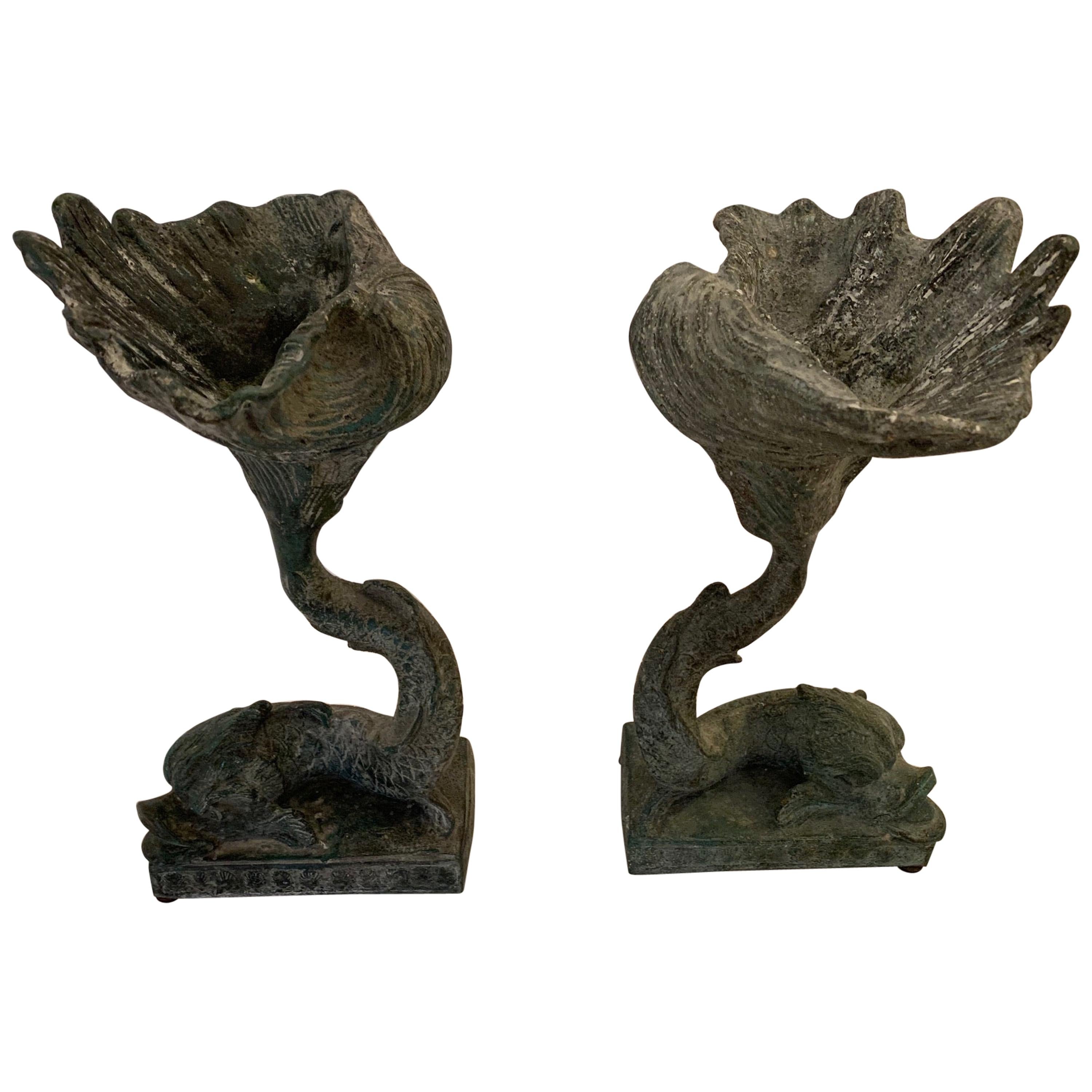 Stylized Pair of Lead Dolphin Motife Compotes For Sale