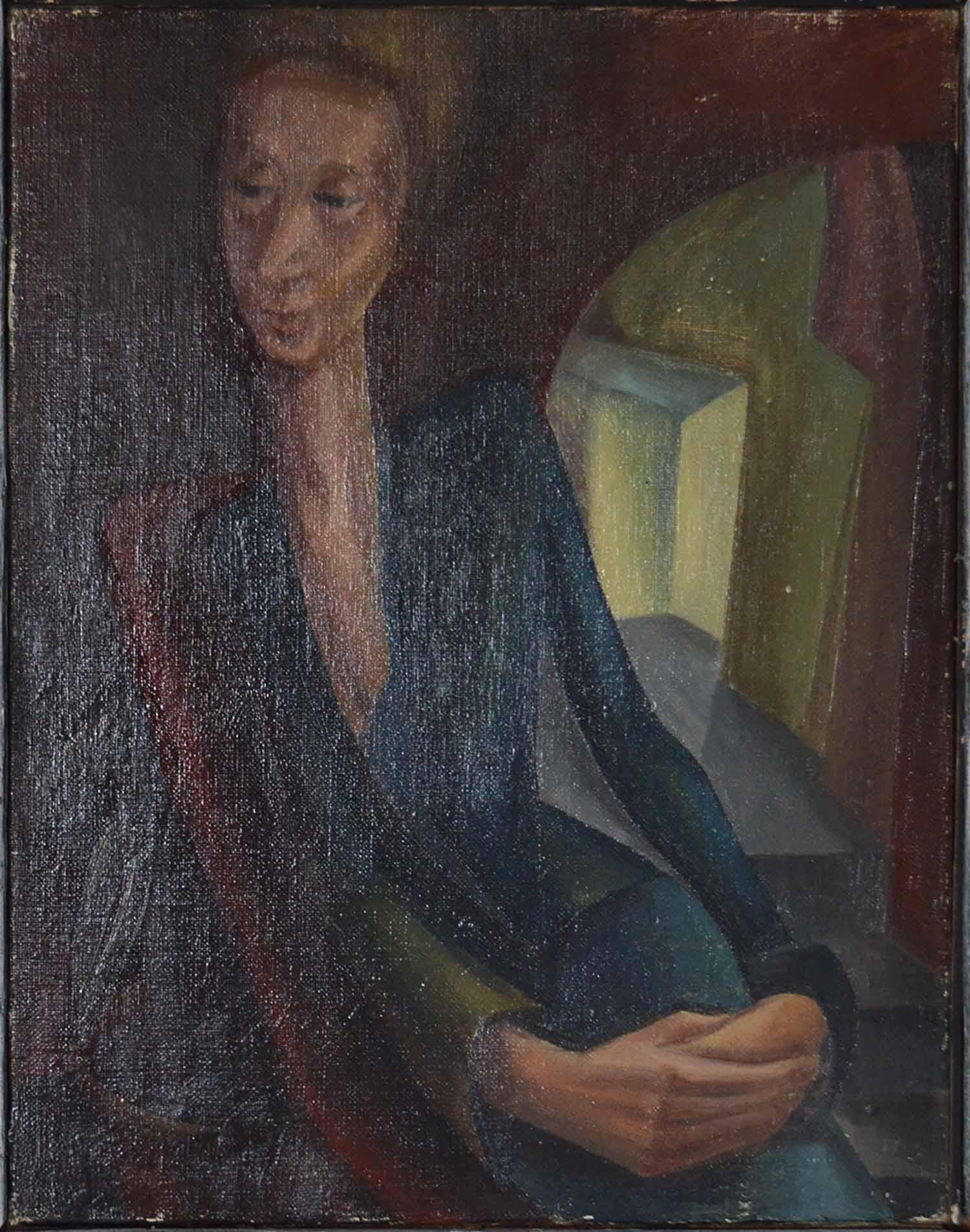 Wonderful image of a lady in an interior.

Oil on canvas, unsigned.

The artist is Iris Hardcastle. She is a Leeds/Bradford artist (North England) who worked in the 1940s. She has exhibited at the Bradford City Art Gallery.

The frame is