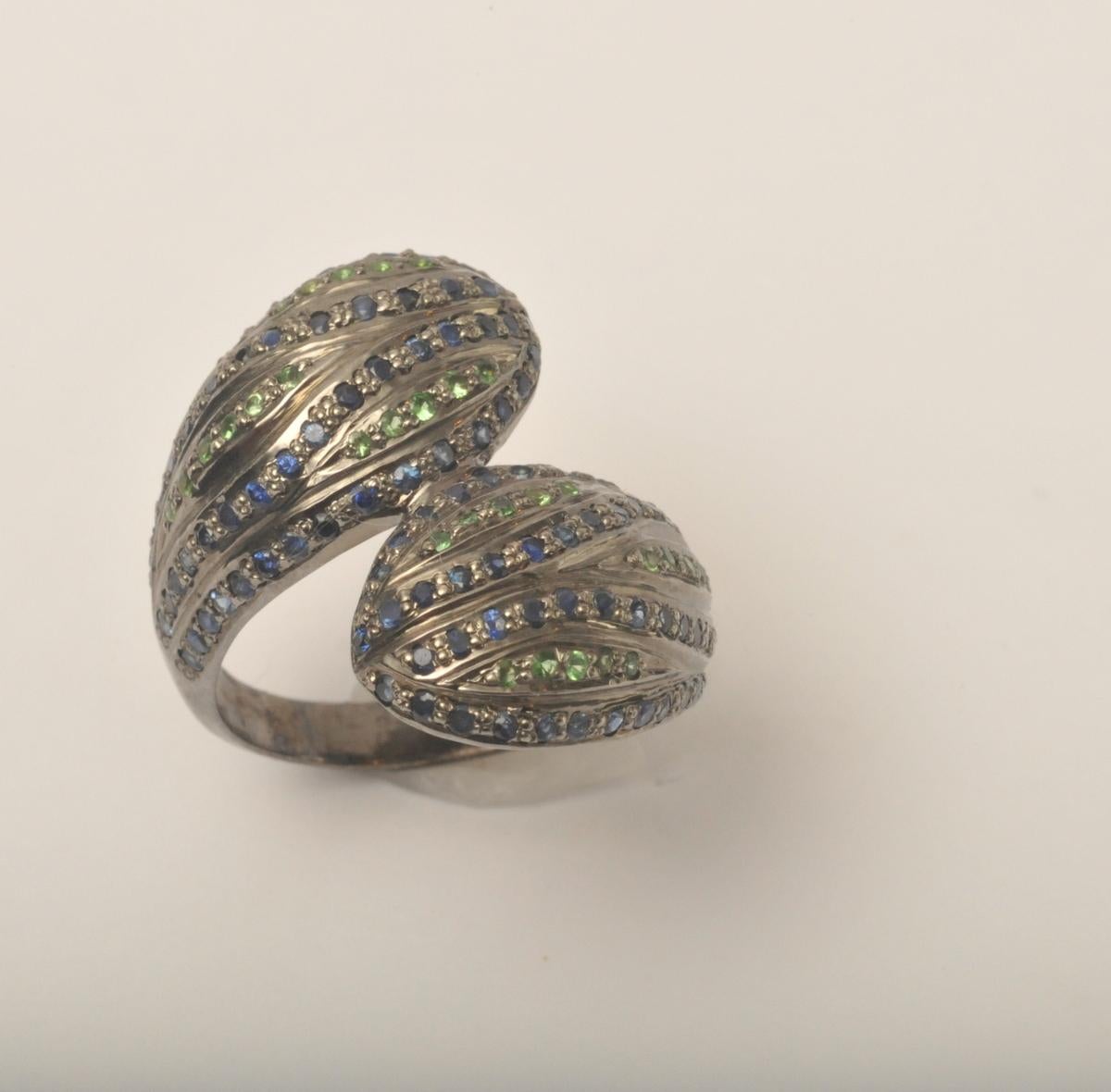 Stylized Snake Head Ring with Sapphires and Tsavorite Stones In Excellent Condition In Nantucket, MA