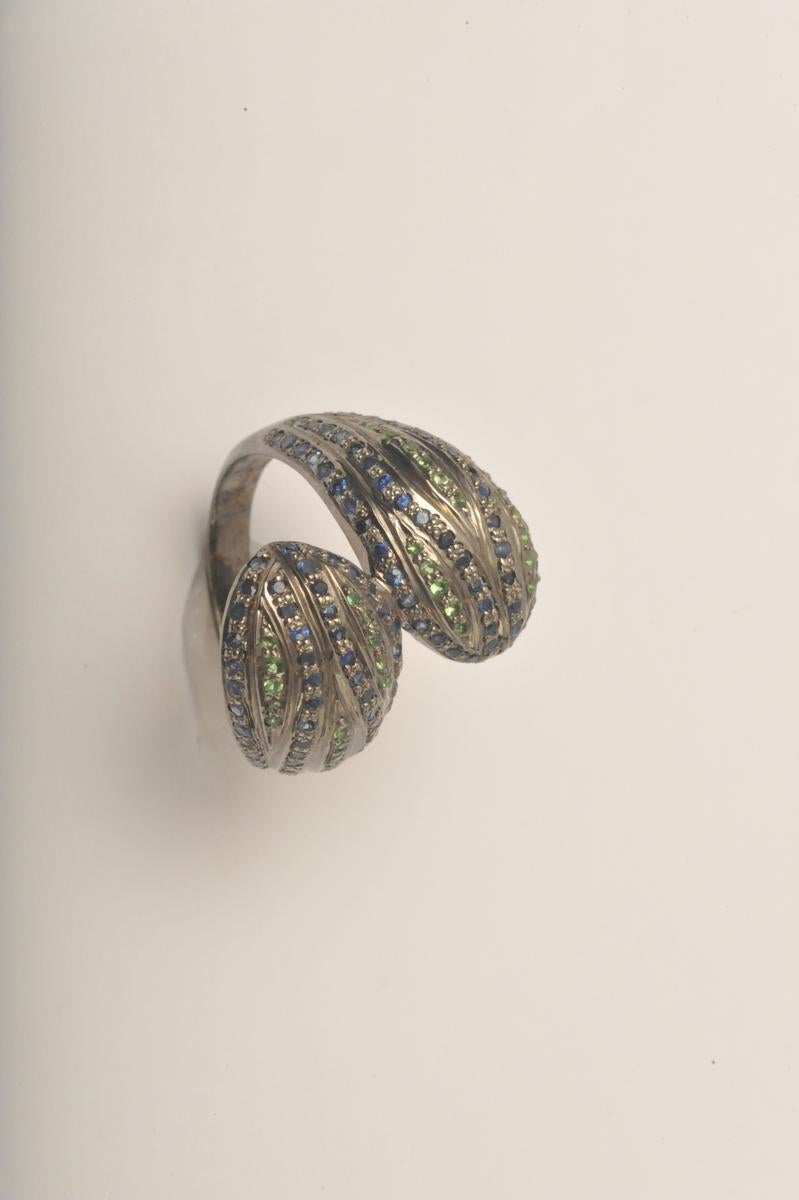 Women's or Men's Stylized Snake Head Ring with Sapphires and Tsavorite Stones