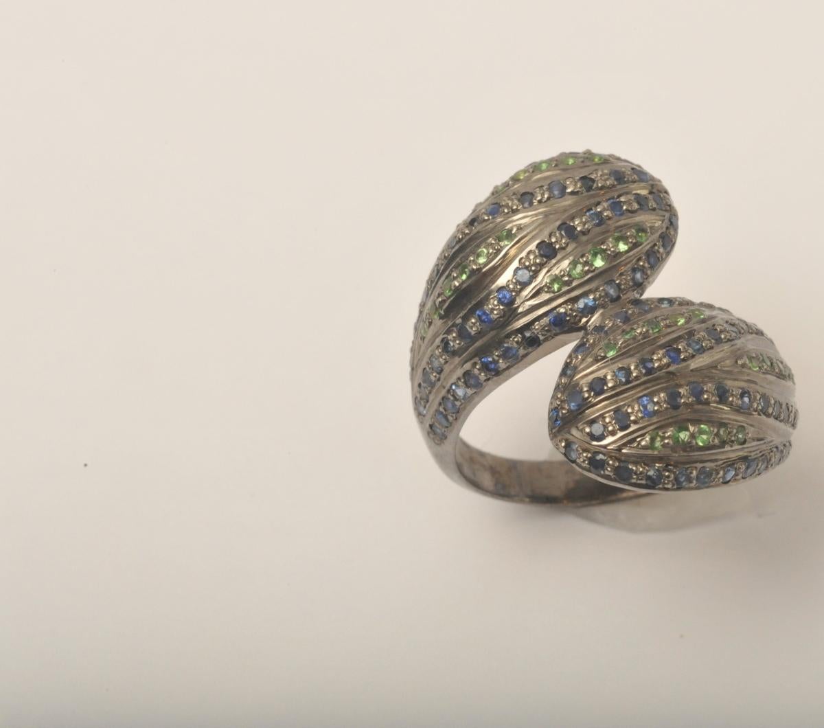 Stylized Snake Head Ring with Sapphires and Tsavorite Stones 1