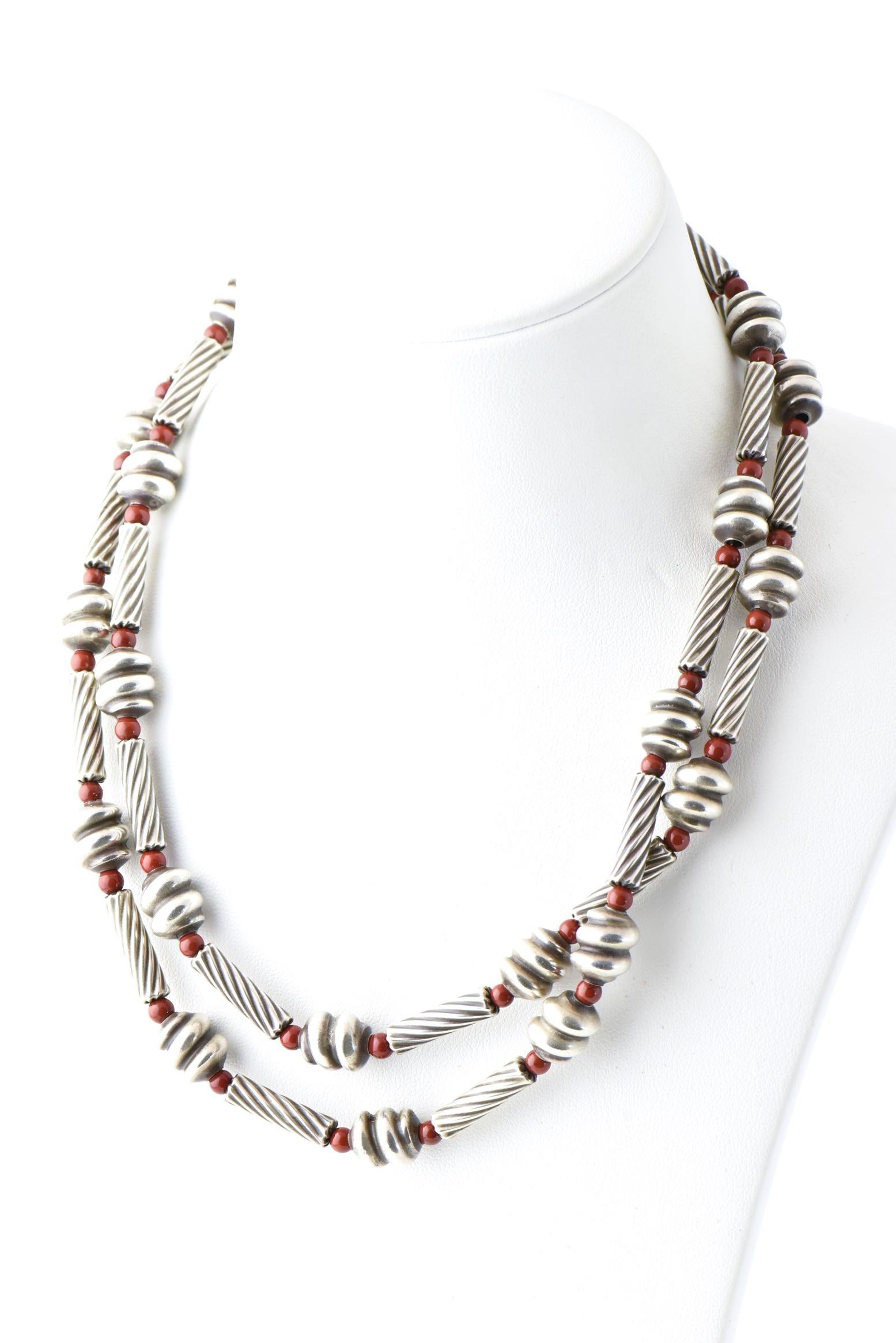 Stylized Sterling Silver and Jasper Bead Long Necklace by Nancy & Rise In Good Condition For Sale In Miami Beach, FL
