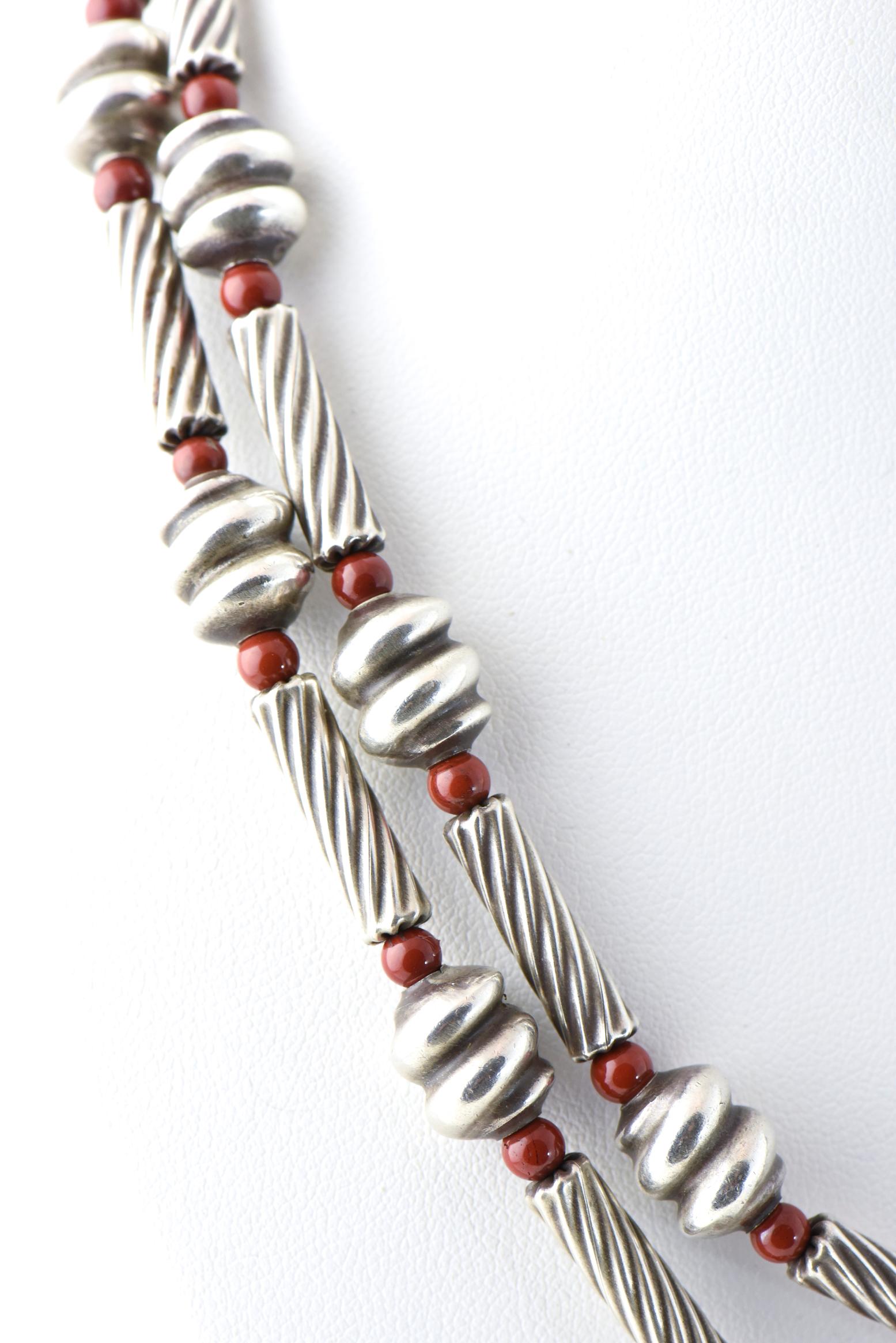 Women's Stylized Sterling Silver and Jasper Bead Long Necklace by Nancy & Rise For Sale