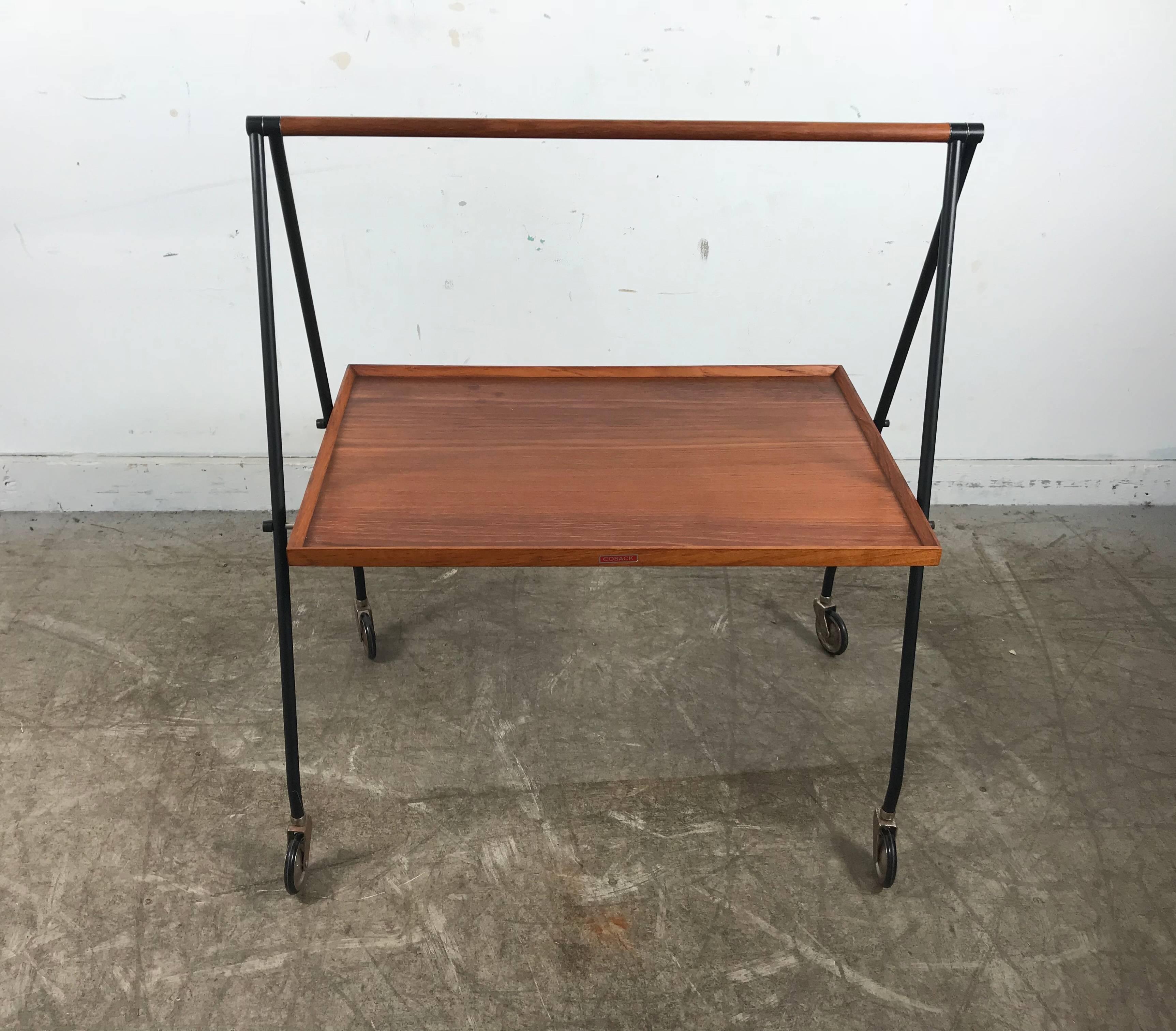 Mid-Century Modern Stylized Teak and Iron Collapsible Tray Table or Cart by Cosack
