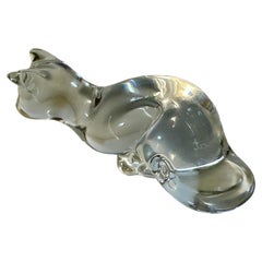 Stylized Vintage Baccarat Signed and Stamped Clear Crystal Stalking Cat Figurine