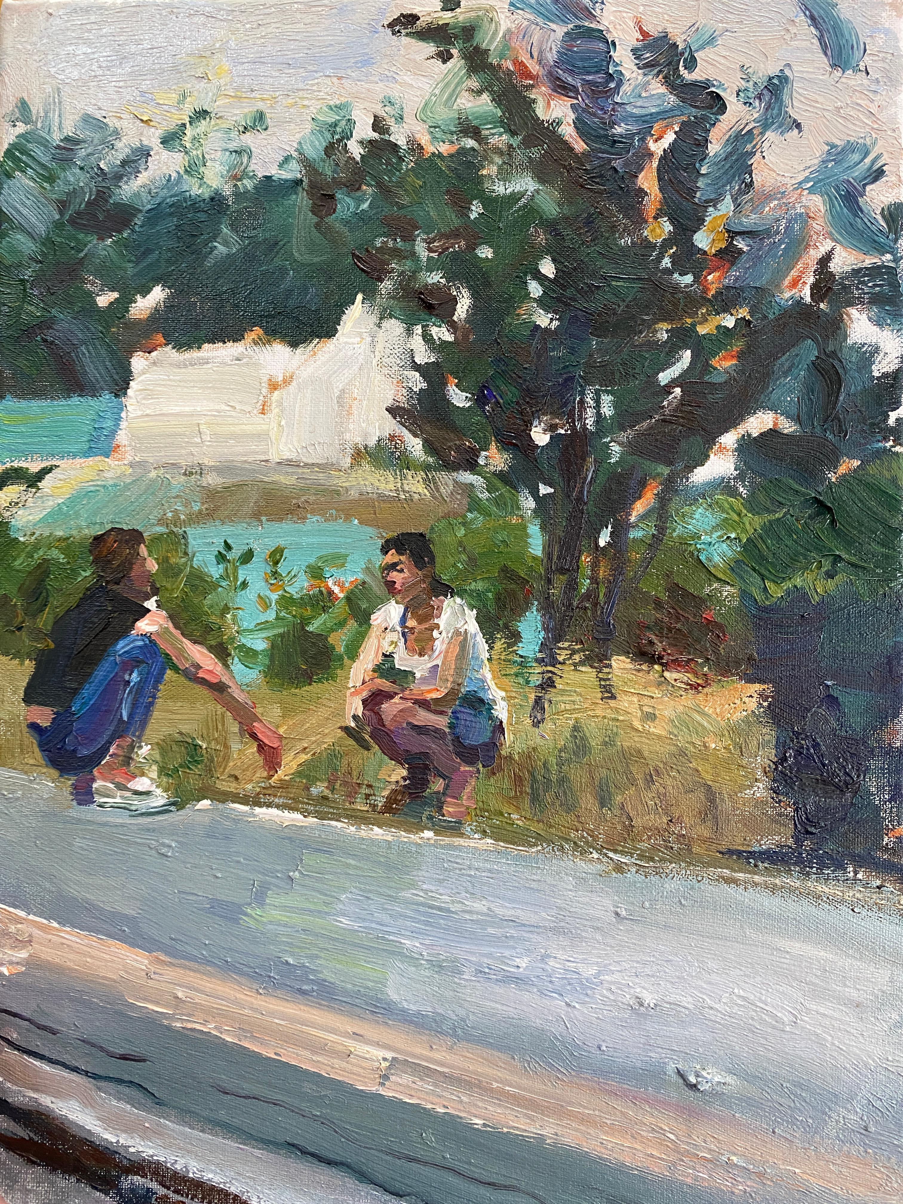 Chinese Contemporary Art by Su Yu - Two Girls on the Roadside For Sale 1