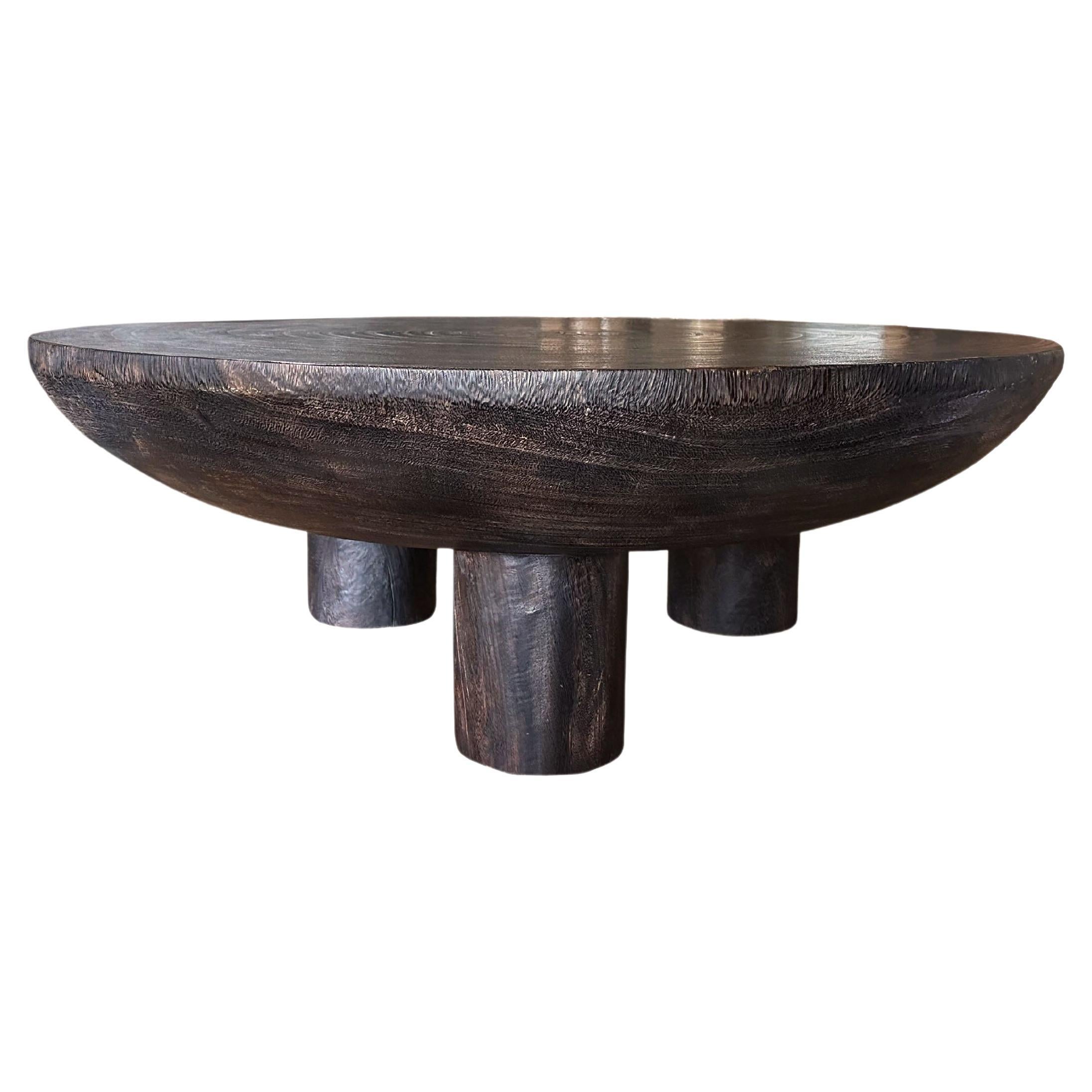 Suar Wood Round Table, Espresso Finish, Modern Organic For Sale