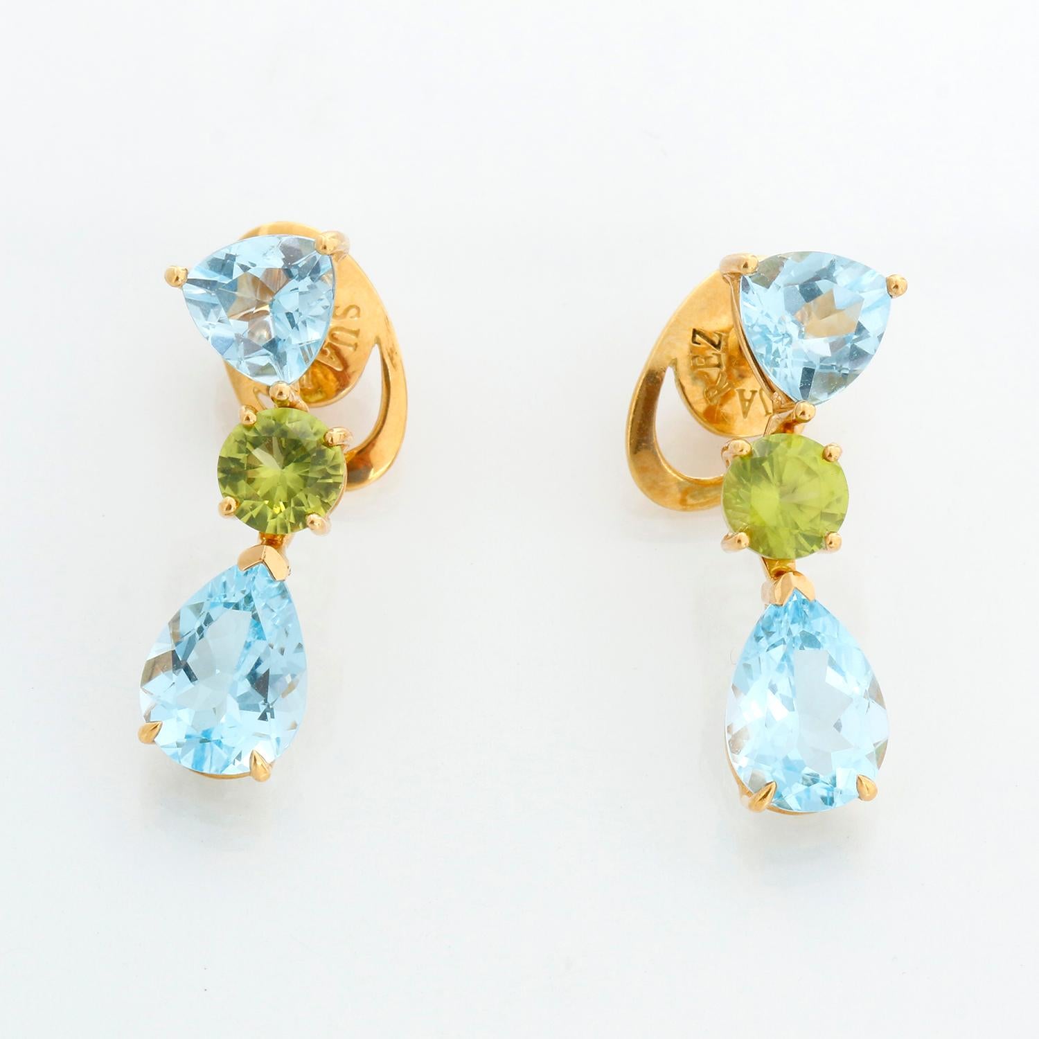 Suarez 18K Yellow Gold Blue Topaz & Peridot Earrings - 18K Yellow gold earrings with Topaz & Peridot gemstones. 28 mm x 8 mm at widest point. Total weight 7.8 grams. .