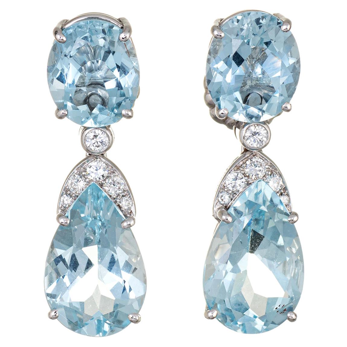 Suarez Aquamarine Diamond Drop Earrings Estate 18 Karat White Gold Fine Jewelry
