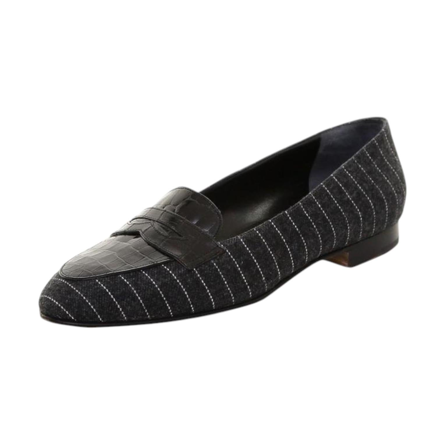 Noir SUAREZ Loafer Shoe Shoes Flat Flats Fabric Charcoal Grey Black Pinstripe Sz 37 en vente