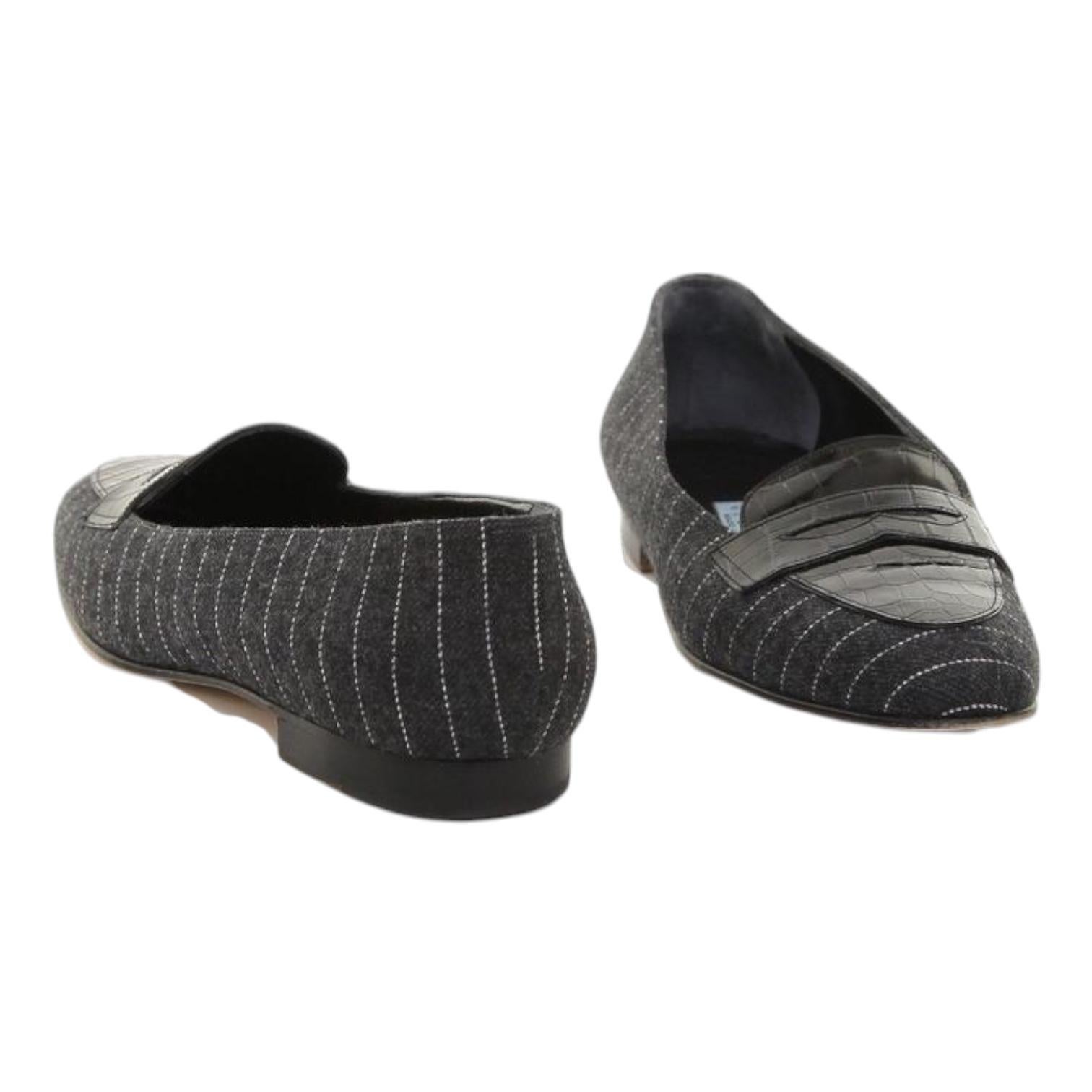 SUAREZ Loafer Shoe Shoes Flat Flats Fabric Charcoal Grey Black Pinstripe Sz 37 Pour femmes en vente