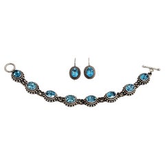 Vintage Suarti BA Sterling Silver Blue Topaz Toggle Bracelet & Earrings Set #13353