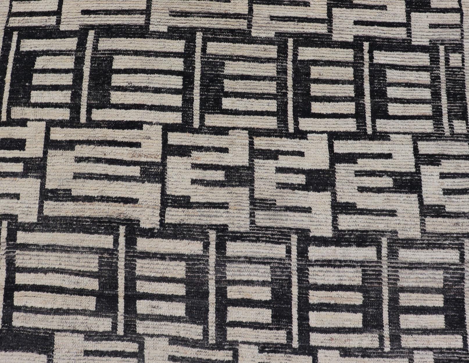Hand-Knotted Sub-Geometric Afghan Abstract All-Over Modern Design in Ebony and Ivory For Sale