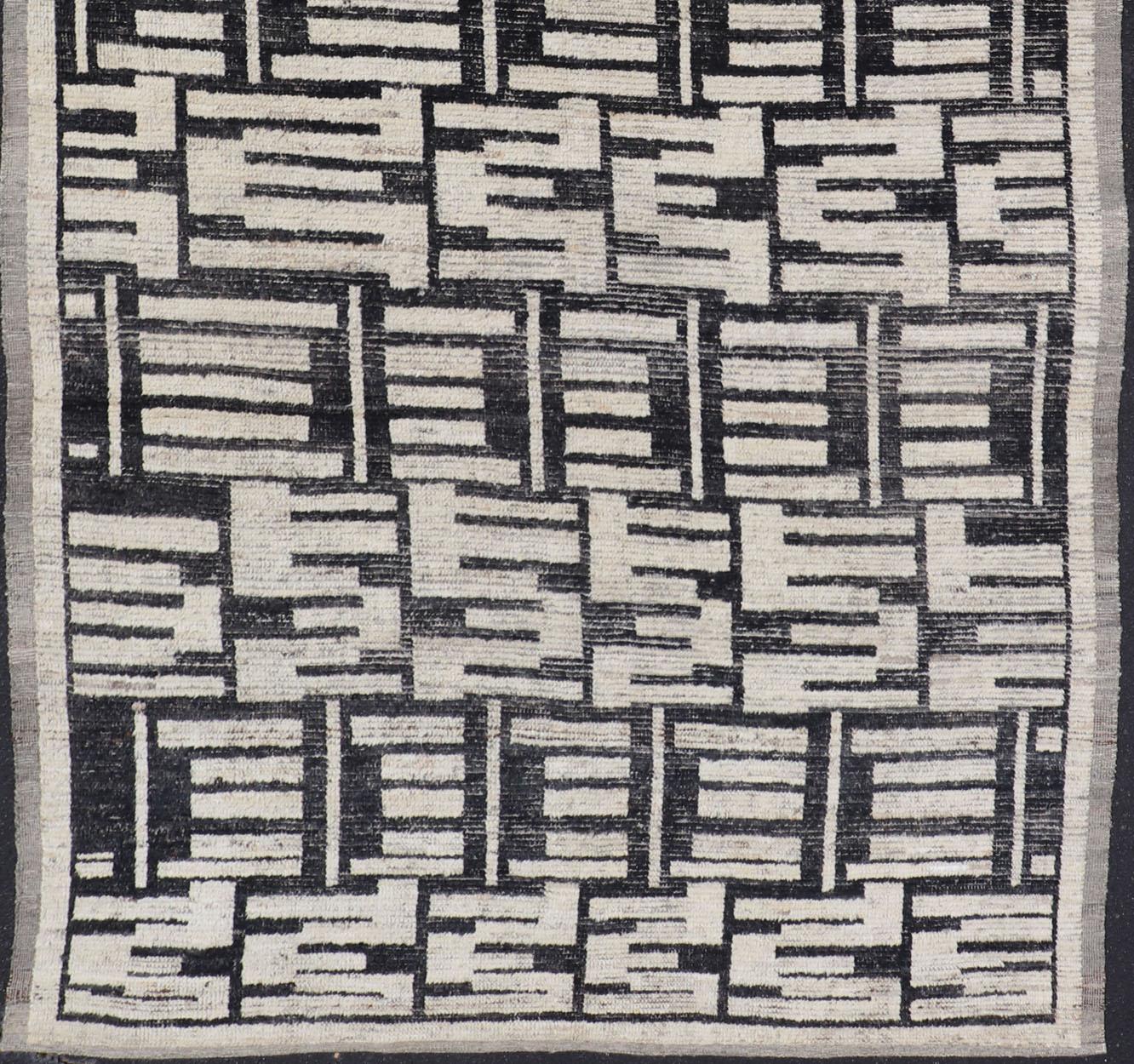 Contemporary Sub-Geometric Afghan Abstract All-Over Modern Design in Ebony and Ivory For Sale