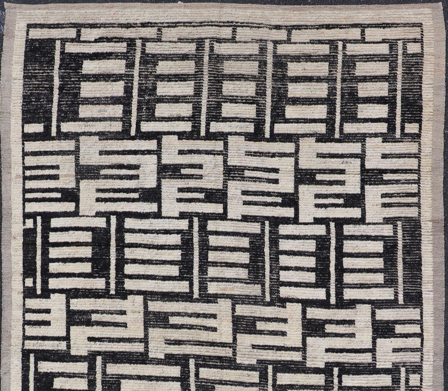Wool Sub-Geometric Afghan Abstract All-Over Modern Design in Ebony and Ivory For Sale