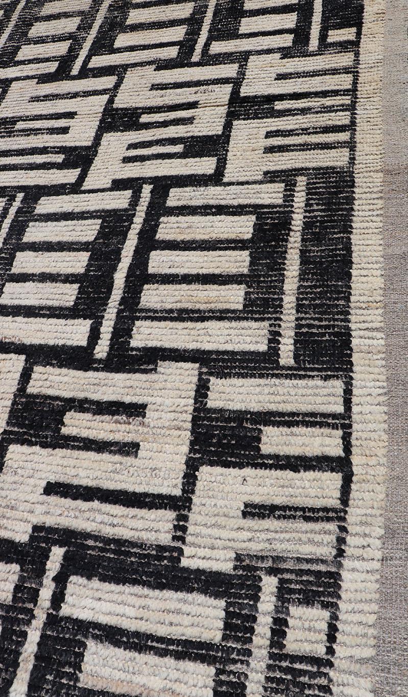 Sub-Geometric Afghan Abstract All-Over Modern Design in Ebony and Ivory For Sale 3