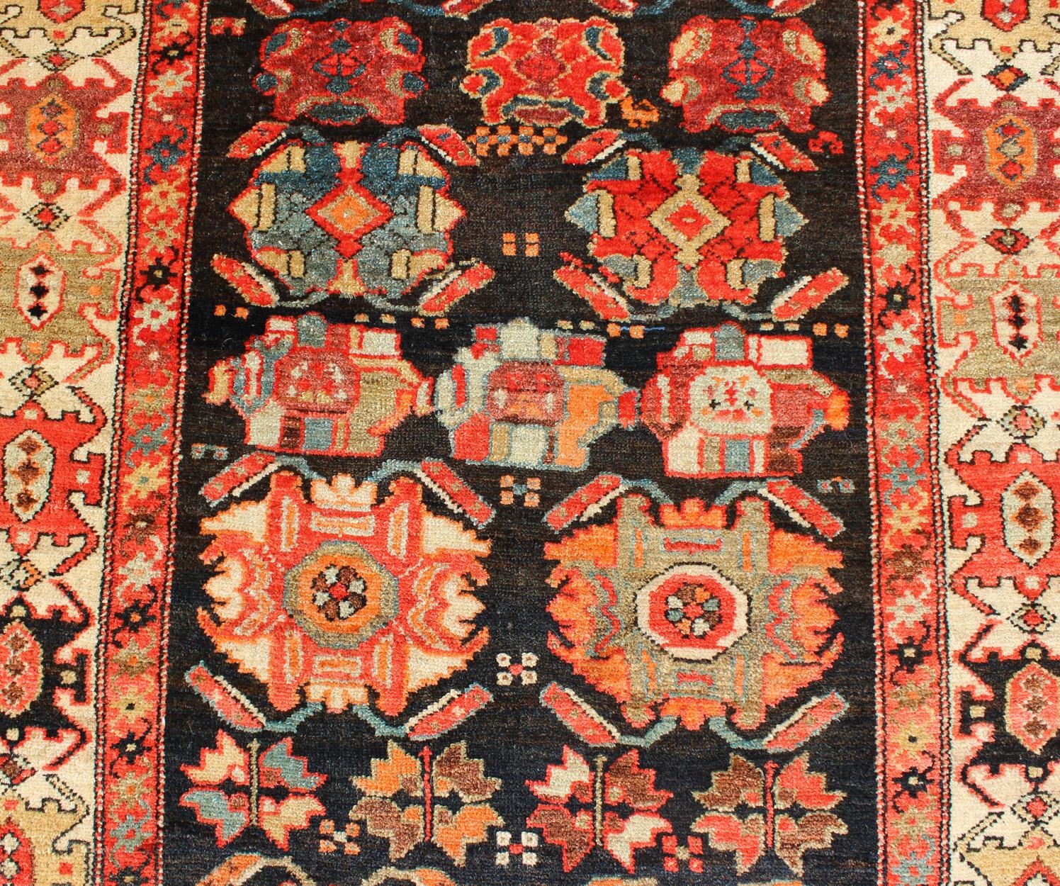 Sub-Geometric Antique Persian Malayer Runner in Onyx and Orange Tones In Excellent Condition For Sale In Atlanta, GA