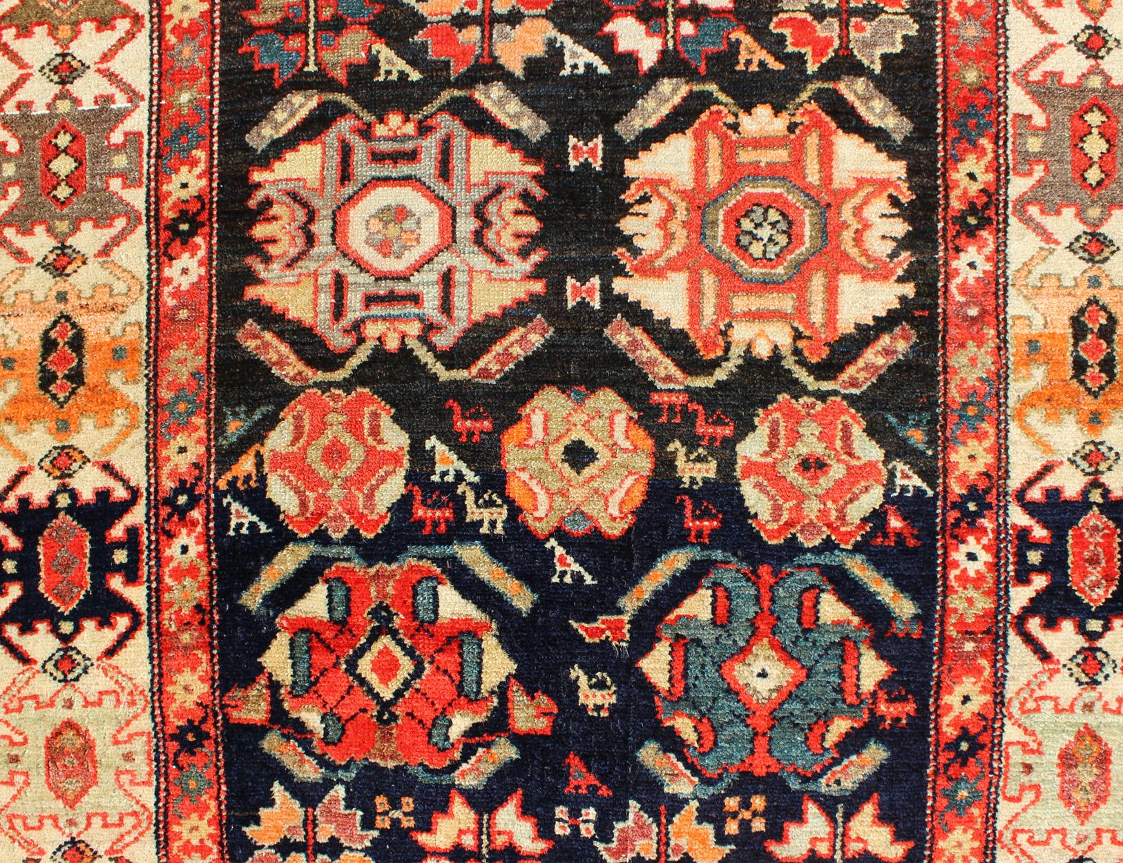 Early 20th Century Sub-Geometric Antique Persian Malayer Runner in Onyx and Orange Tones For Sale