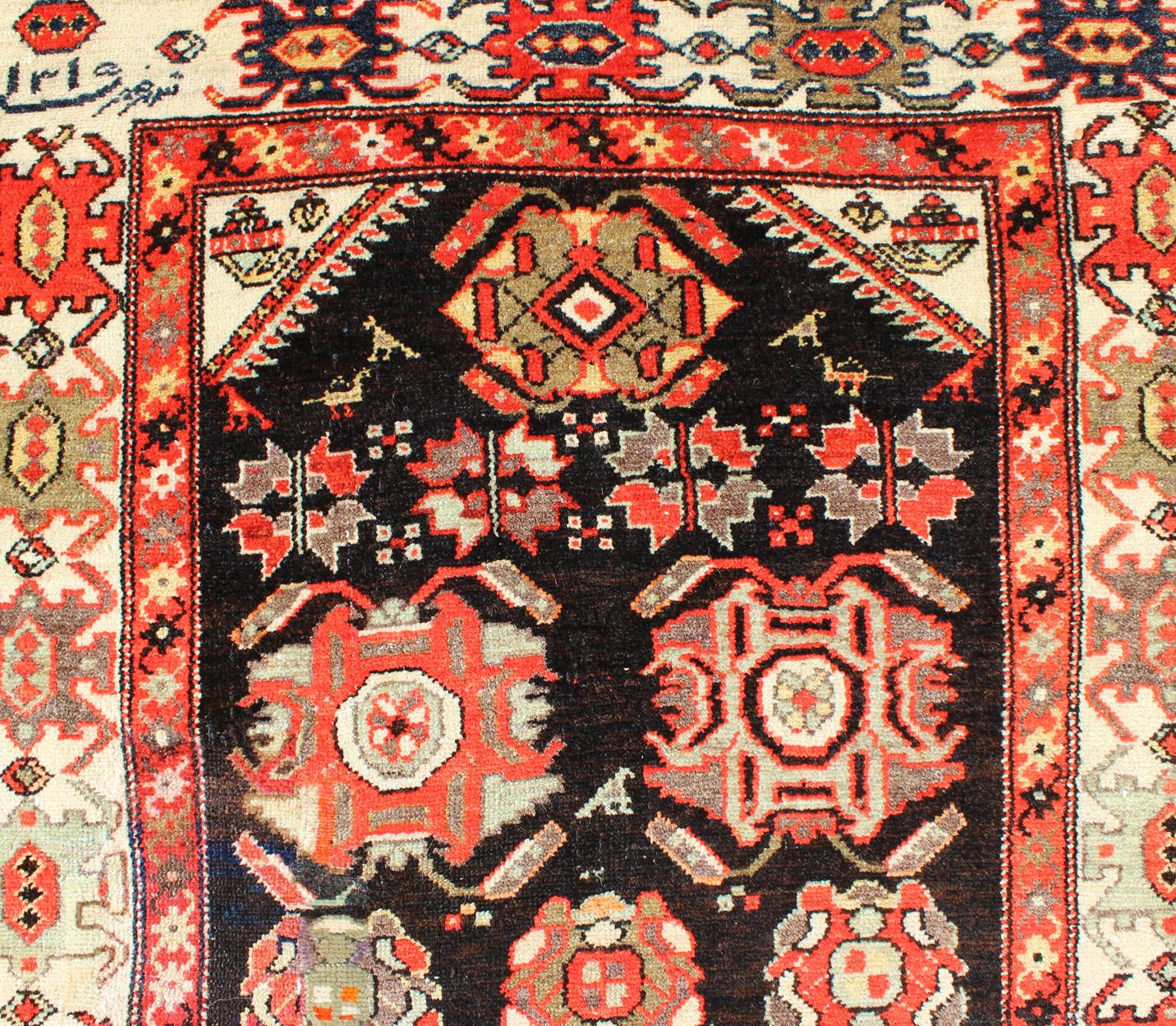Wool Sub-Geometric Antique Persian Malayer Runner in Onyx and Orange Tones For Sale