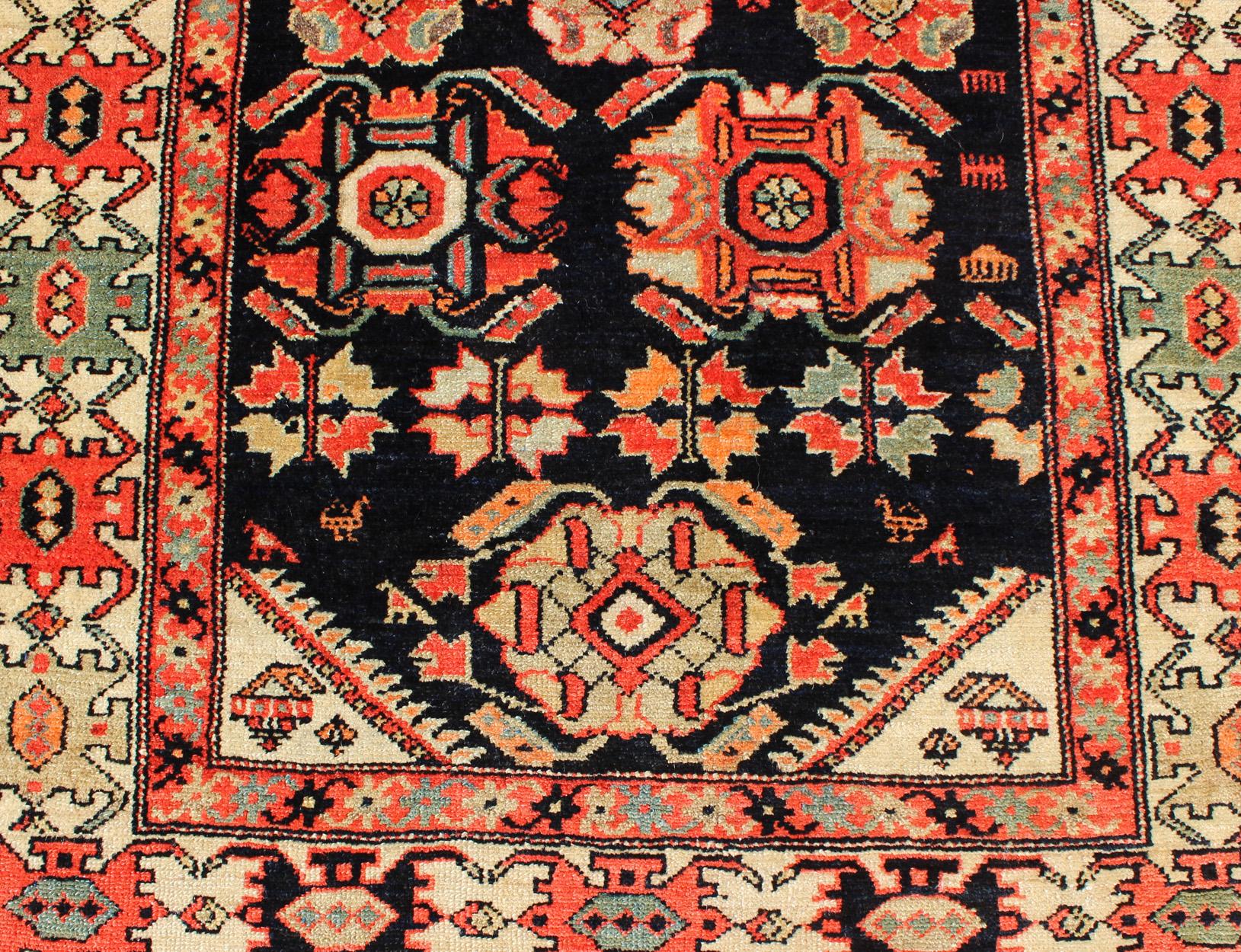 Sub-Geometric Antique Persian Malayer Runner in Onyx and Orange Tones For Sale 1