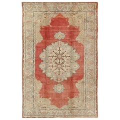 Classic Turkish Medallion Antique Sivas  Rug With Coral Red Field & Light Green
