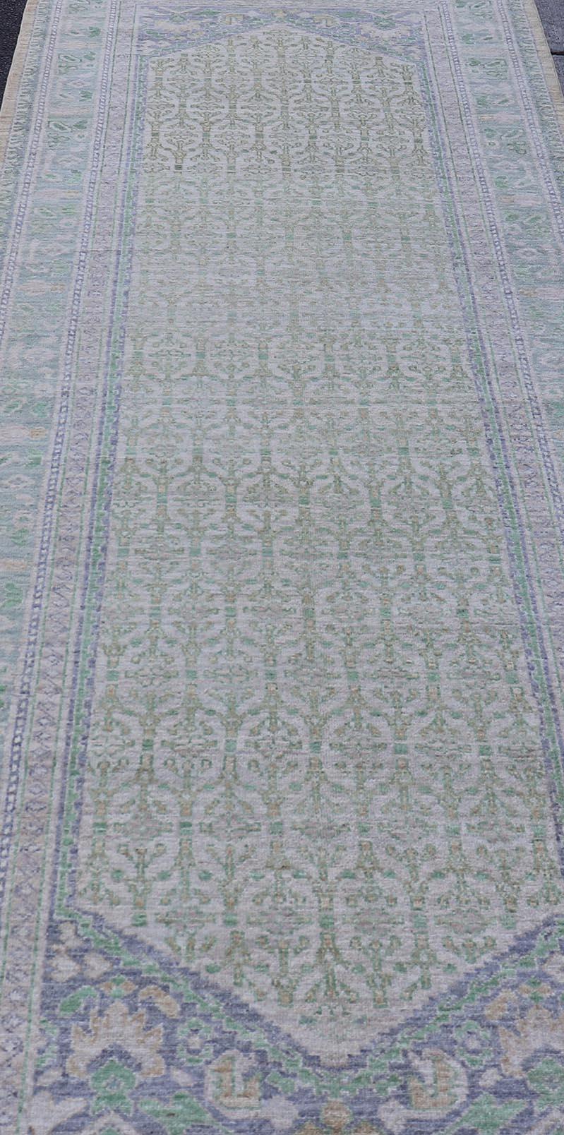 Sub-Geometric Paisley Designed Rug with Muted Tones of Yellow-Green and Brown For Sale 3
